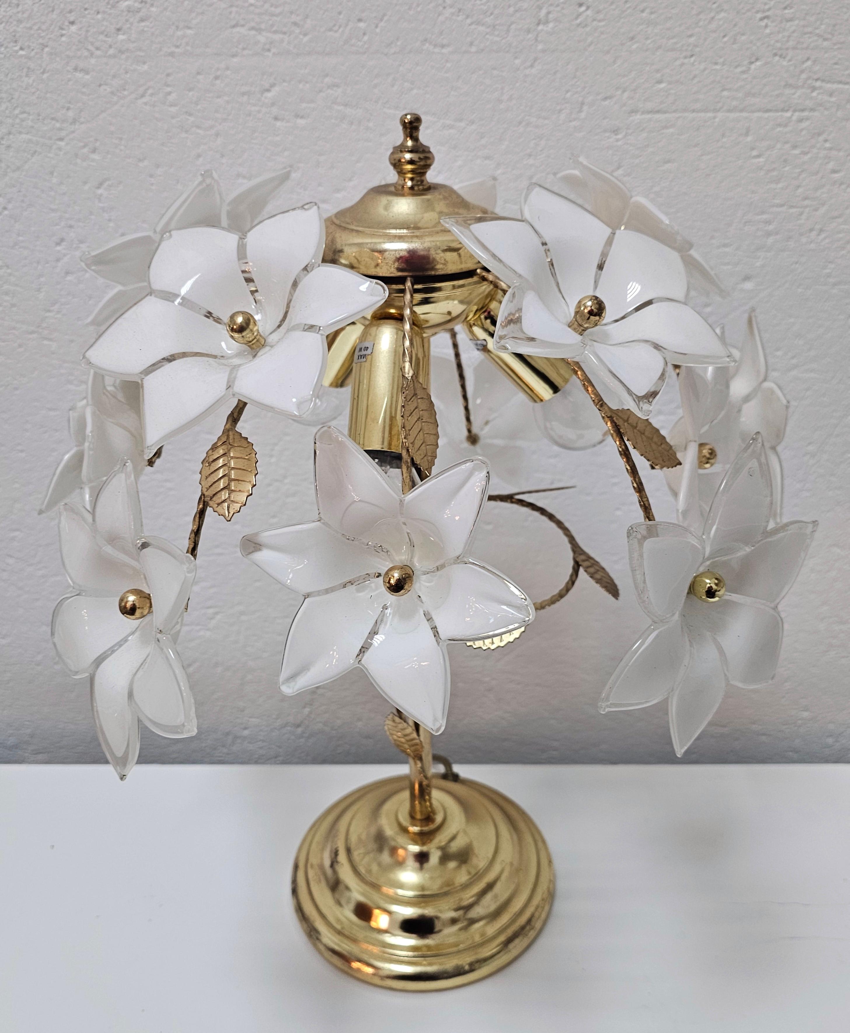 Brass Hollywood Regency Murano Glass Floral Table Lamp, Italy 1970s For Sale