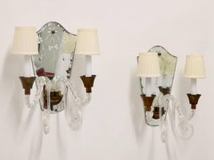 Hollywood Regency Murano Glass Sconces with Etched Mirrors and Brass Accents