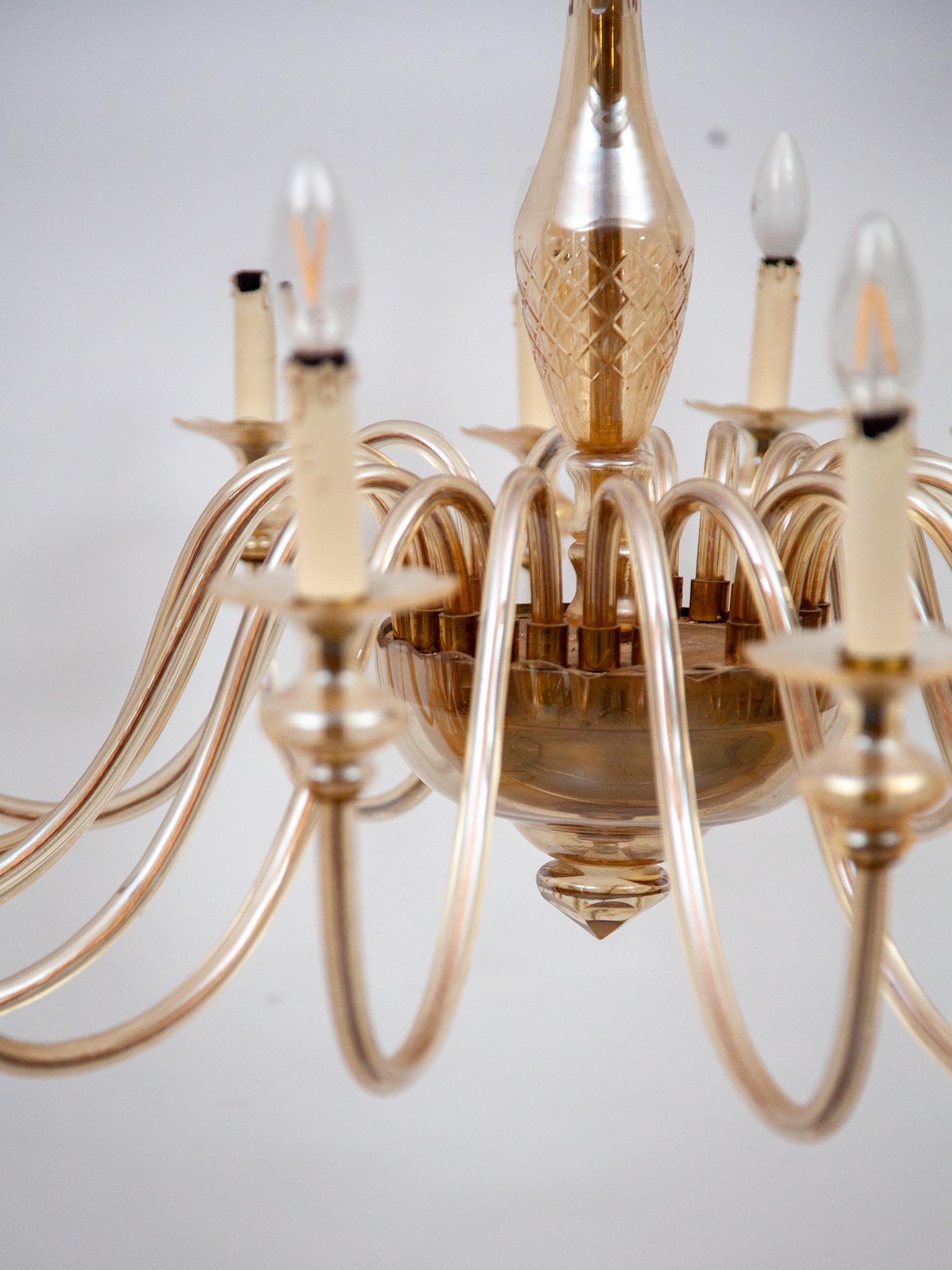 Lustre en verre ambré à dix-huit bras, Hollywood Regency Murano, années 1950 en vente 1