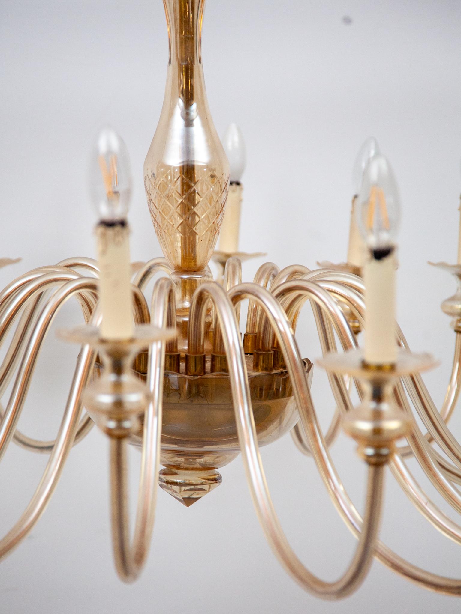 Lustre en verre ambré à dix-huit bras, Hollywood Regency Murano, années 1950 en vente 2