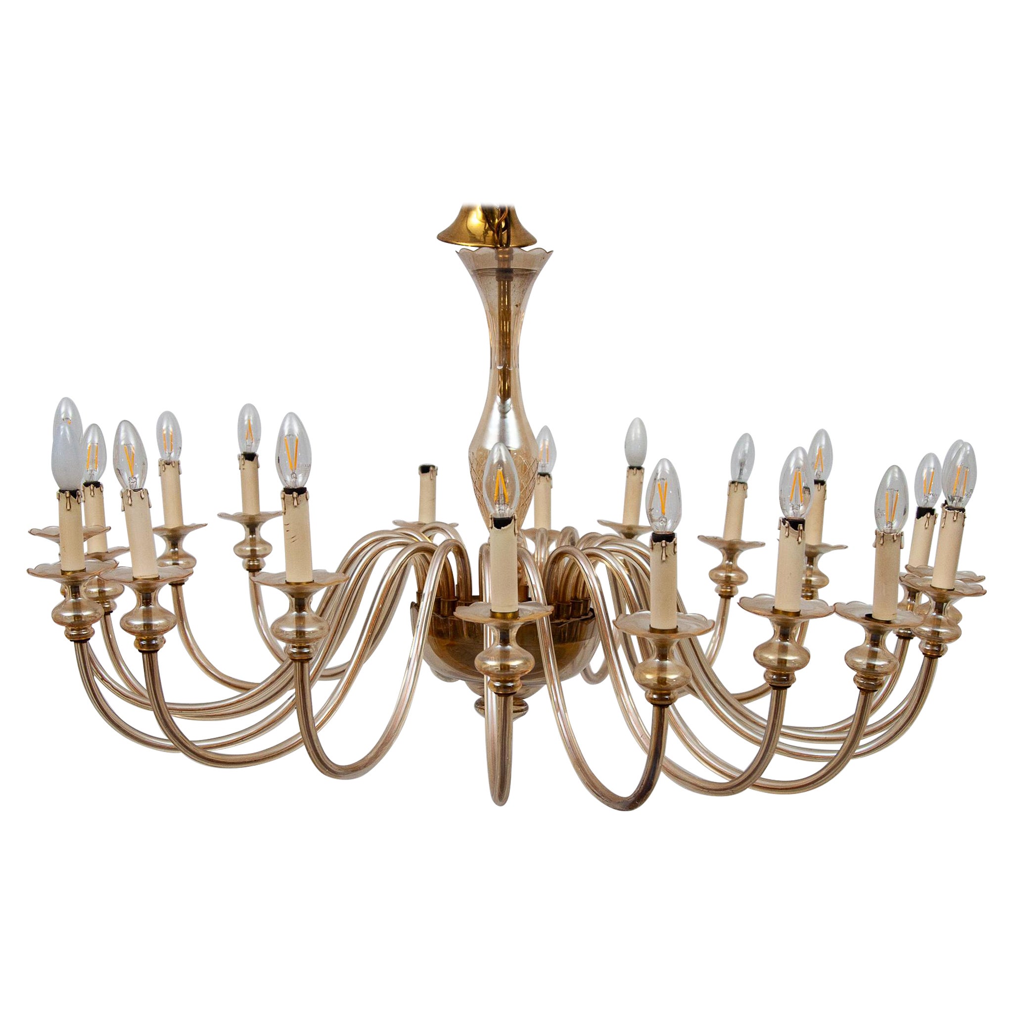 Lustre en verre ambré à dix-huit bras, Hollywood Regency Murano, années 1950 en vente
