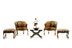 Hollywood Regency Napoleon III Style Gilt Rope & Tassel Armchairs and Ottomans