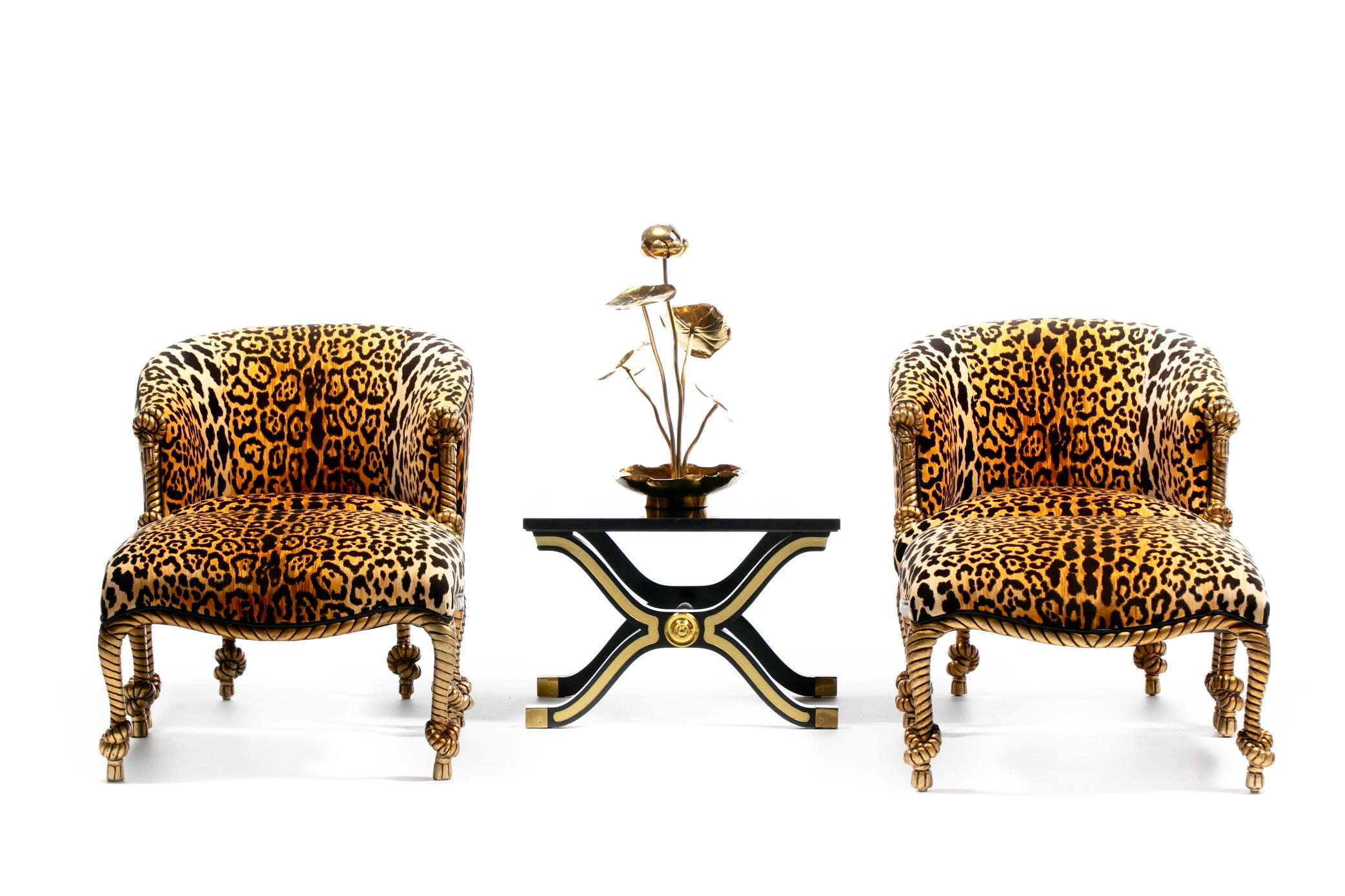 Poltrone e pouf in corda e nappe dorate in stile Hollywood Regency Napoleone III in vendita 13