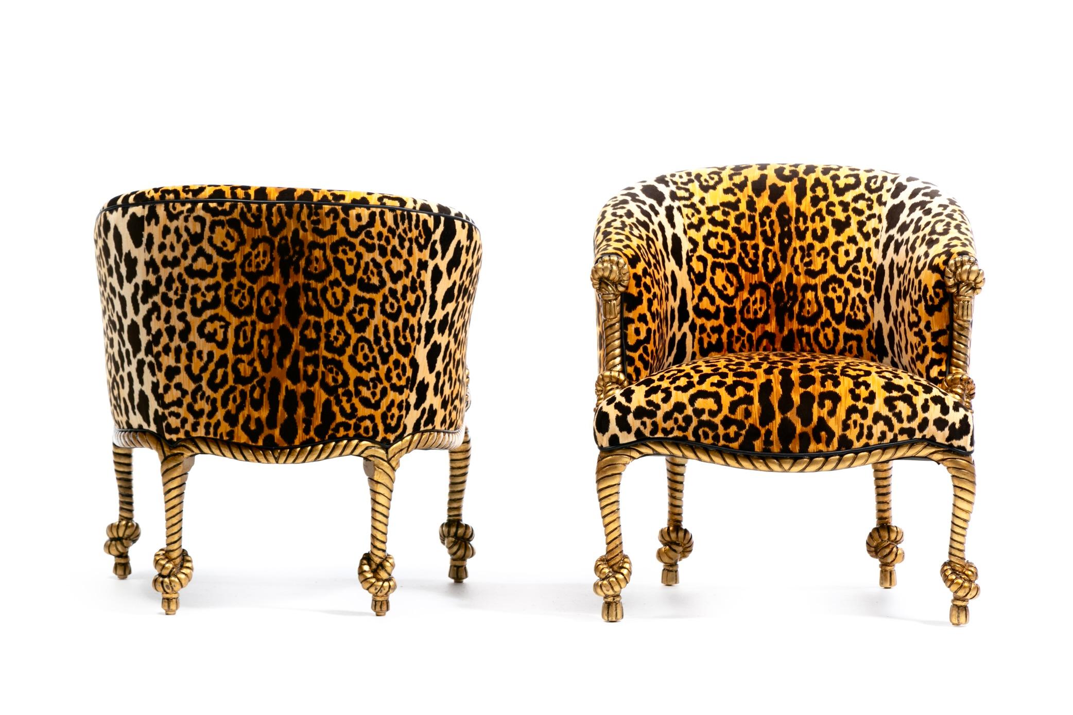 XX secolo Poltrone e pouf in corda e nappe dorate in stile Hollywood Regency Napoleone III in vendita