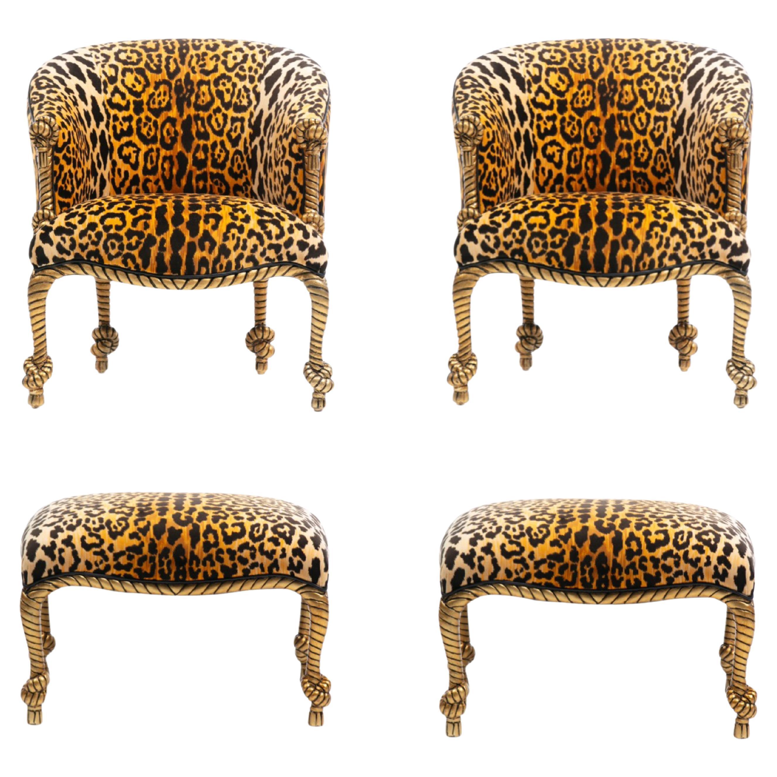 Hollywood Regency Napoleon III Style Gilt Rope & Tassel Armchairs and Ottomans