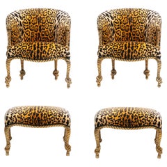 Sillones y otomanas dorados de cuerda y borla estilo Hollywood Regency Napoleón III