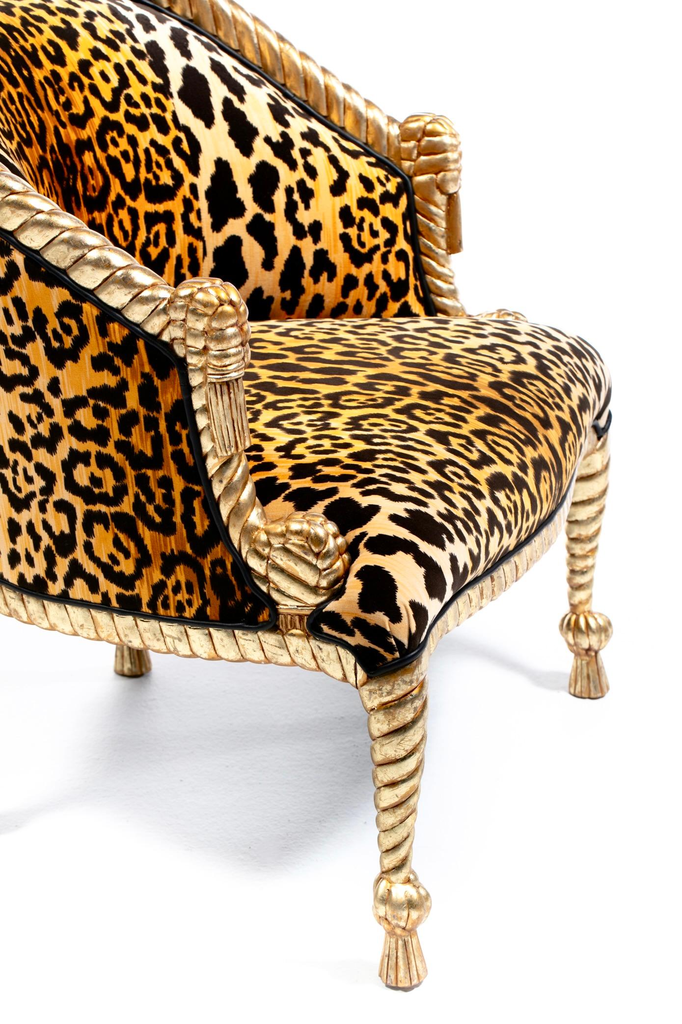 Sedie Hollywood Regency stile Napoleone III con corda e nappe dorate in velluto leopardato in vendita 5