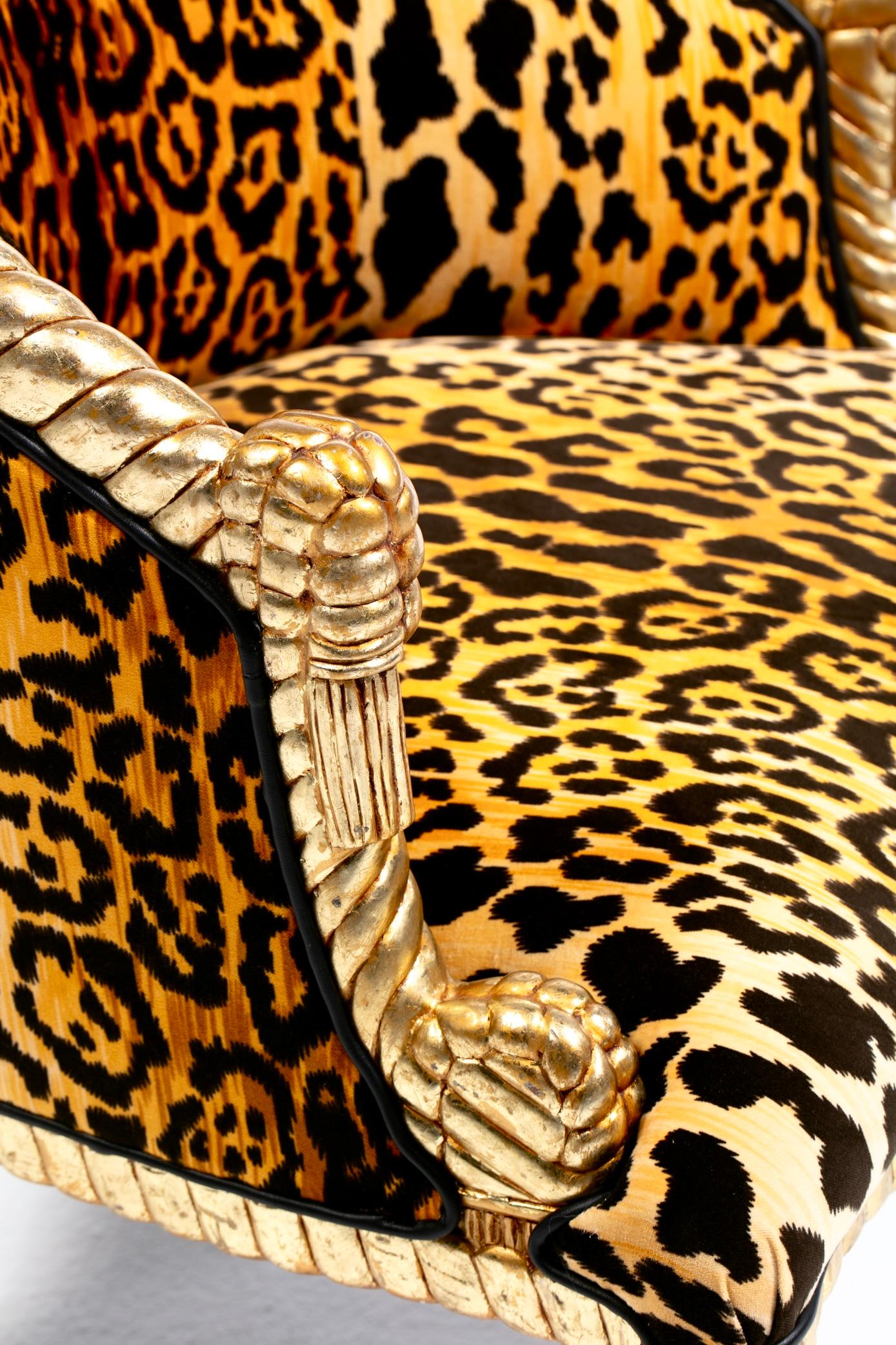 Sedie Hollywood Regency stile Napoleone III con corda e nappe dorate in velluto leopardato in vendita 6