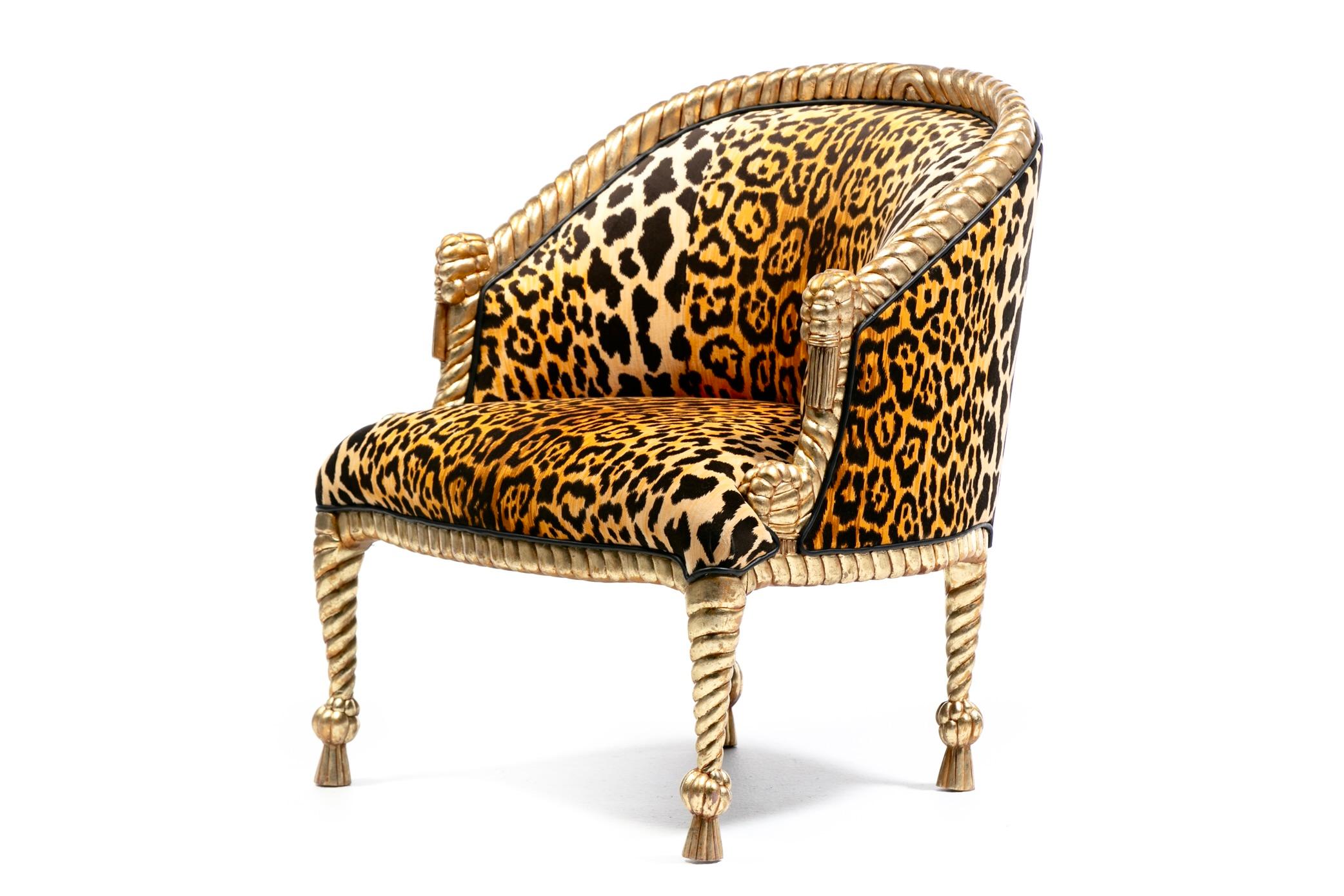 Sedie Hollywood Regency stile Napoleone III con corda e nappe dorate in velluto leopardato in vendita 10