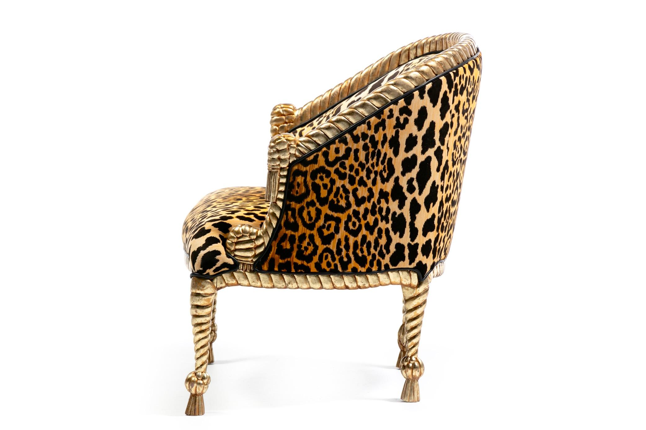 Sedie Hollywood Regency stile Napoleone III con corda e nappe dorate in velluto leopardato in vendita 11