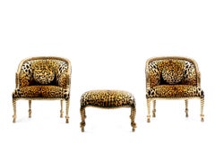 Hollywood Regency Napoleon III Style Gilt Rope & Tassel Chairs in Leopard Velvet