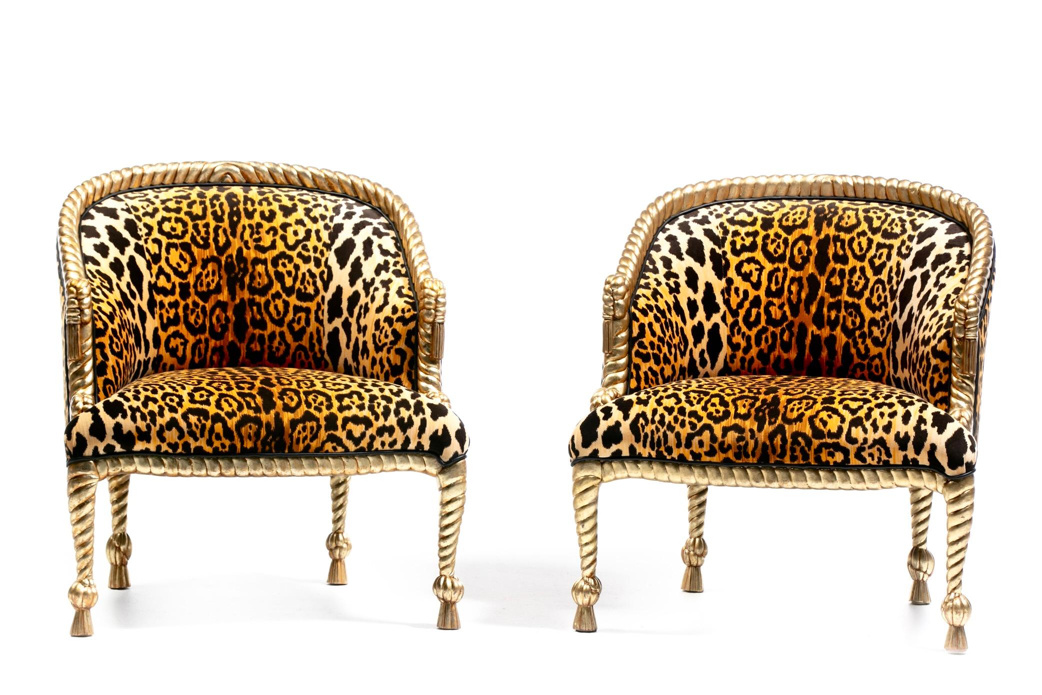 Italiano Sedie Hollywood Regency stile Napoleone III con corda e nappe dorate in velluto leopardato in vendita