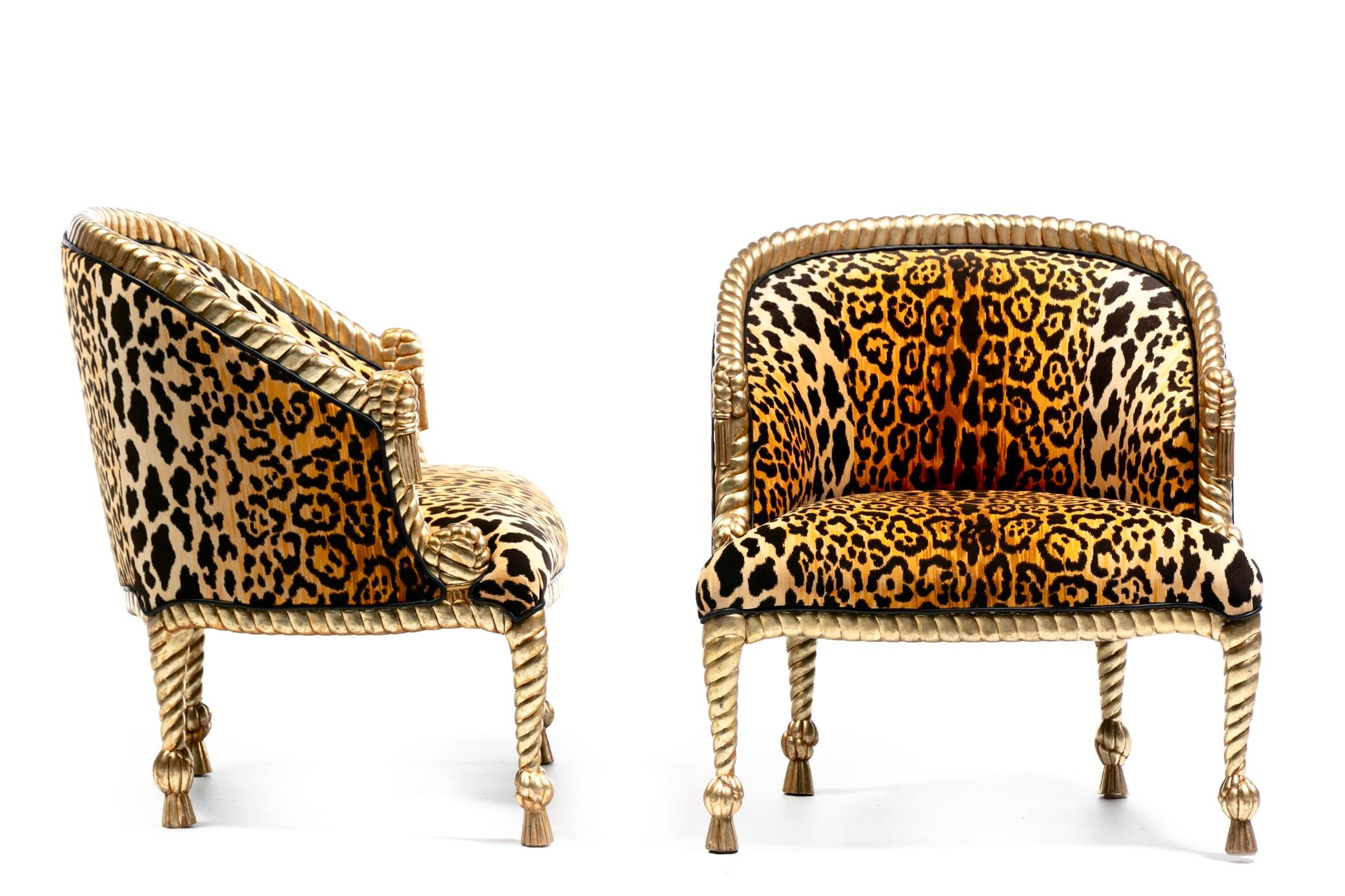 Sedie Hollywood Regency stile Napoleone III con corda e nappe dorate in velluto leopardato In condizioni buone in vendita a Saint Louis, MO