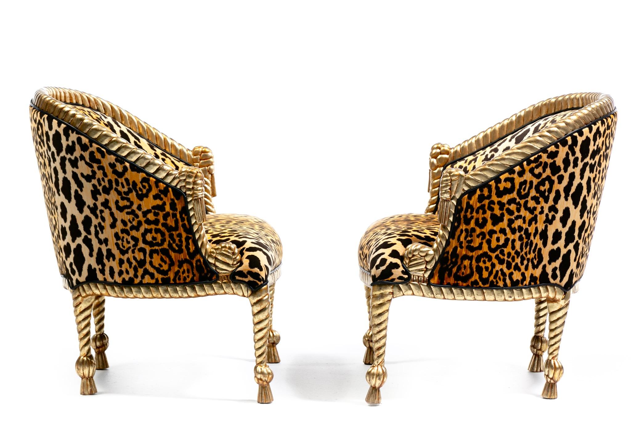 XX secolo Sedie Hollywood Regency stile Napoleone III con corda e nappe dorate in velluto leopardato in vendita