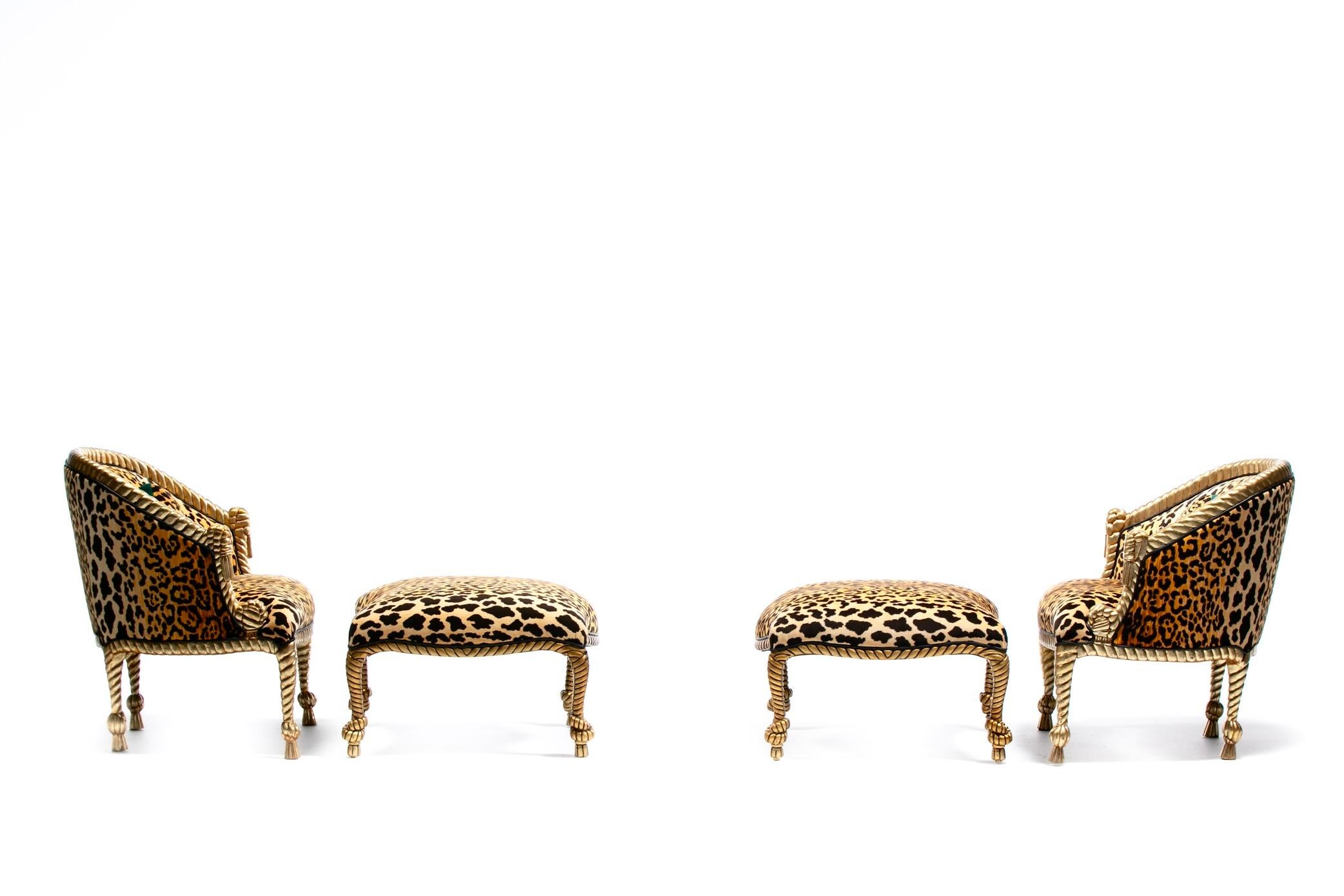 Sedie Hollywood Regency stile Napoleone III con corda e nappe dorate in velluto leopardato in vendita 1