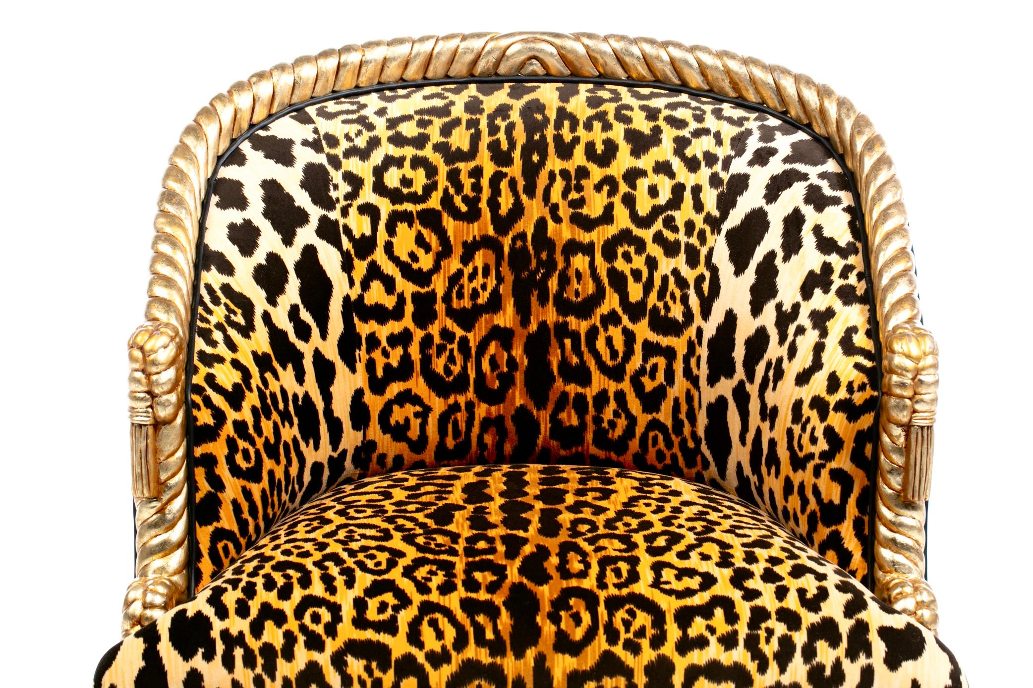Sedie Hollywood Regency stile Napoleone III con corda e nappe dorate in velluto leopardato in vendita 3