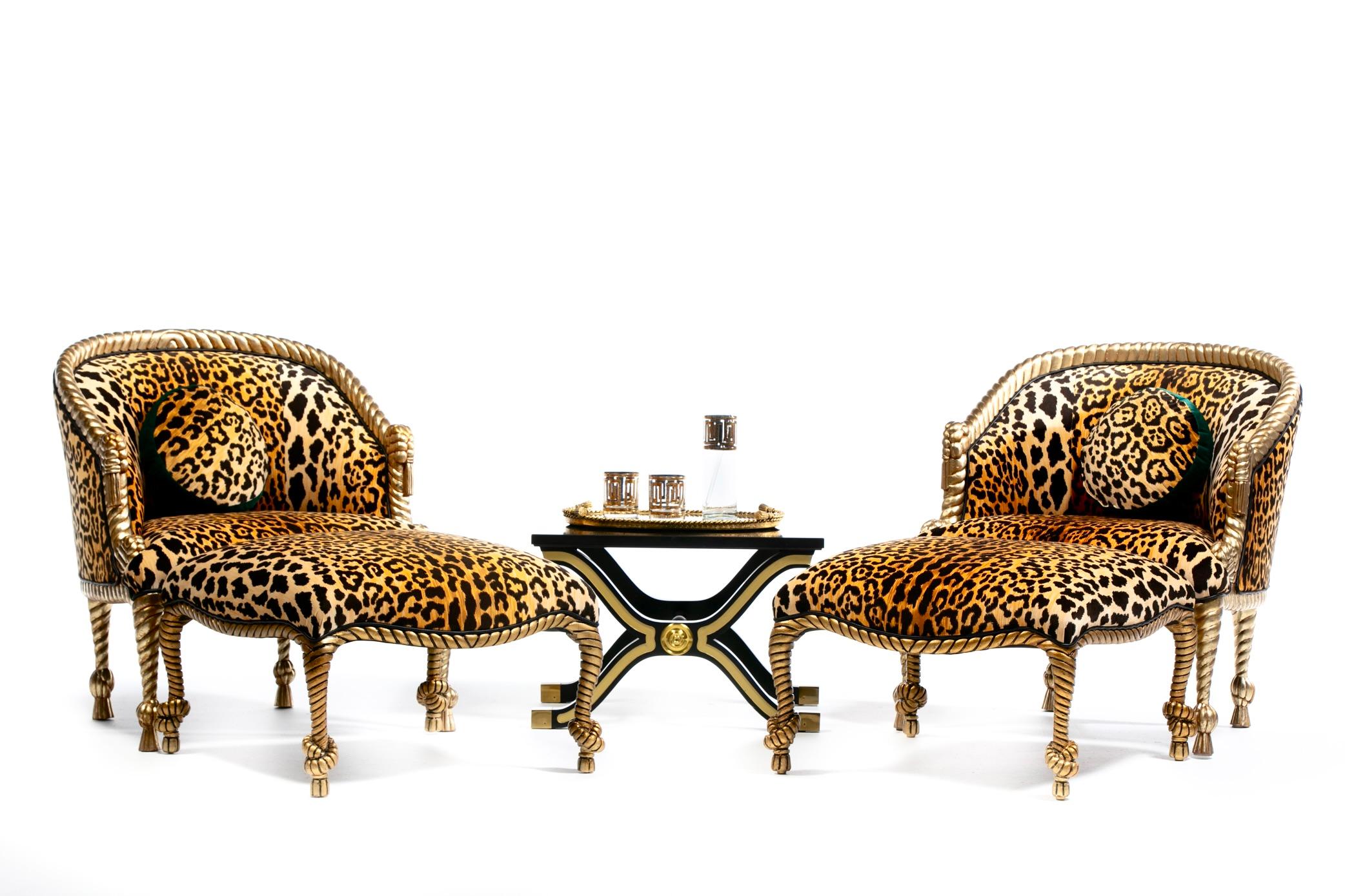 Pouf in stile Hollywood Regency Napoleone III con corda e nappe dorate in leopardo In condizioni buone in vendita a Saint Louis, MO