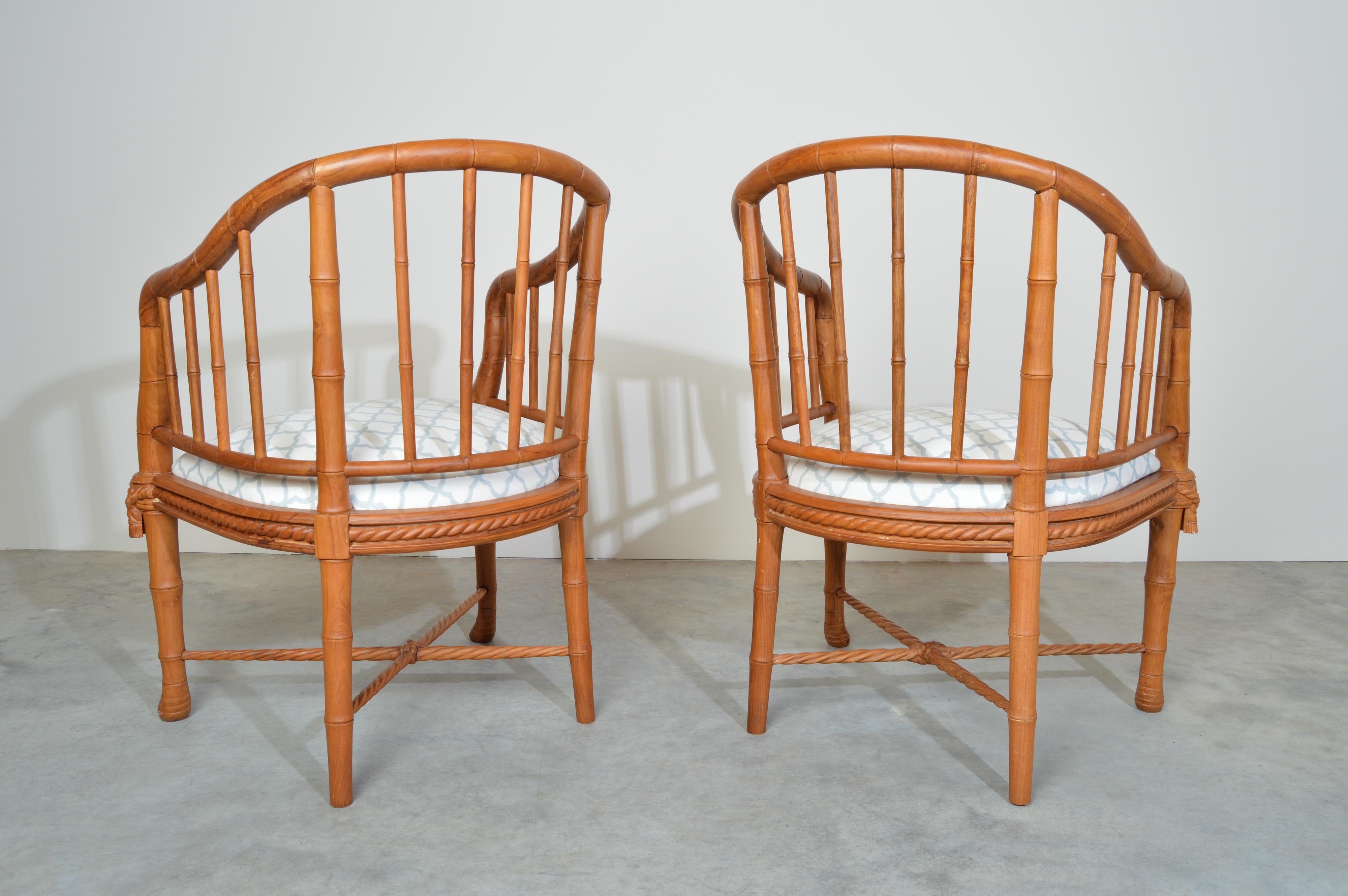 American Hollywood Regency Napoleon Style Faux Bamboo Barrel Back Chairs in Teak