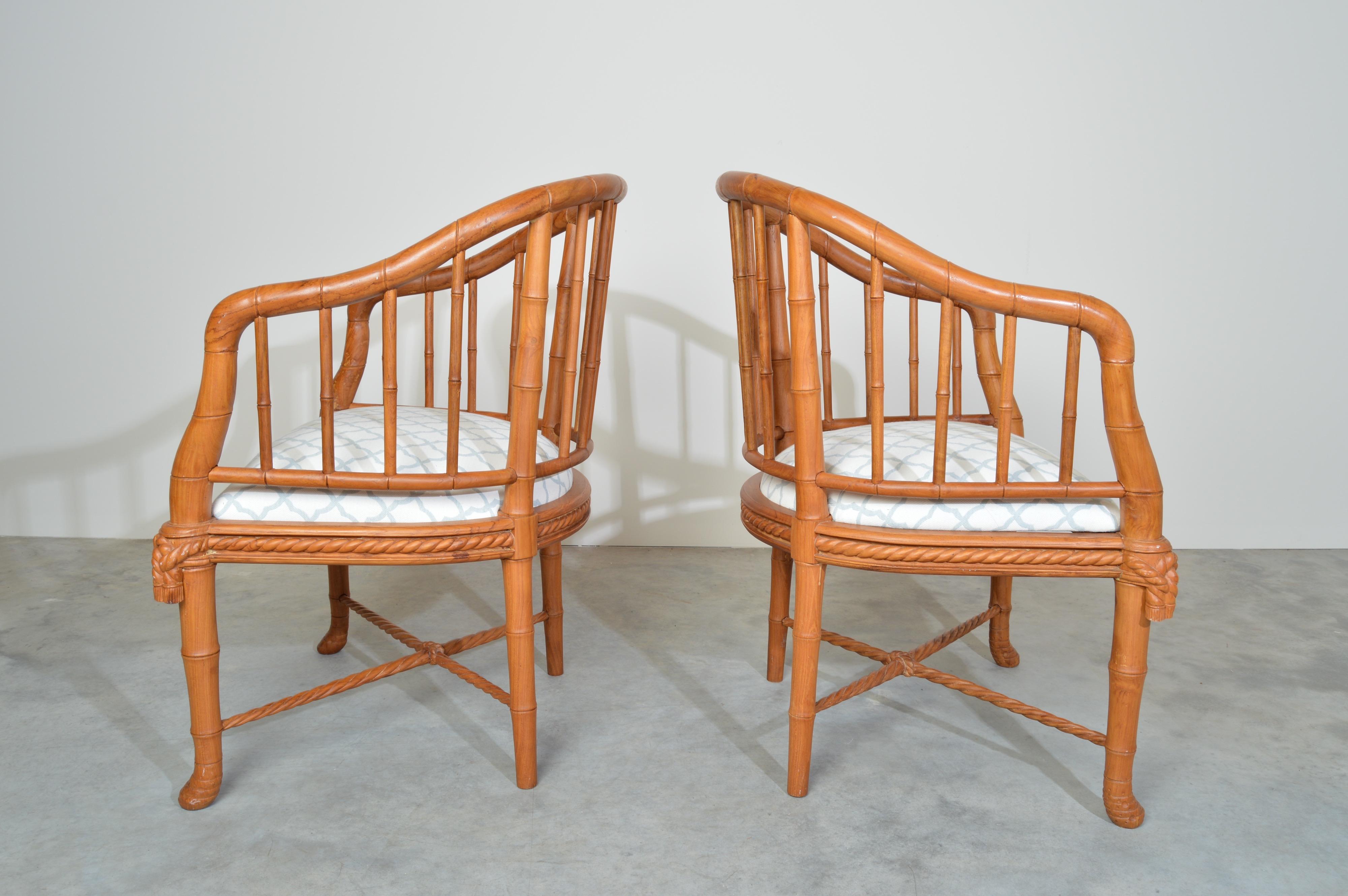 Hollywood Regency Napoleon Style Faux Bamboo Barrel Back Chairs in Teak In Excellent Condition In Southampton, NJ