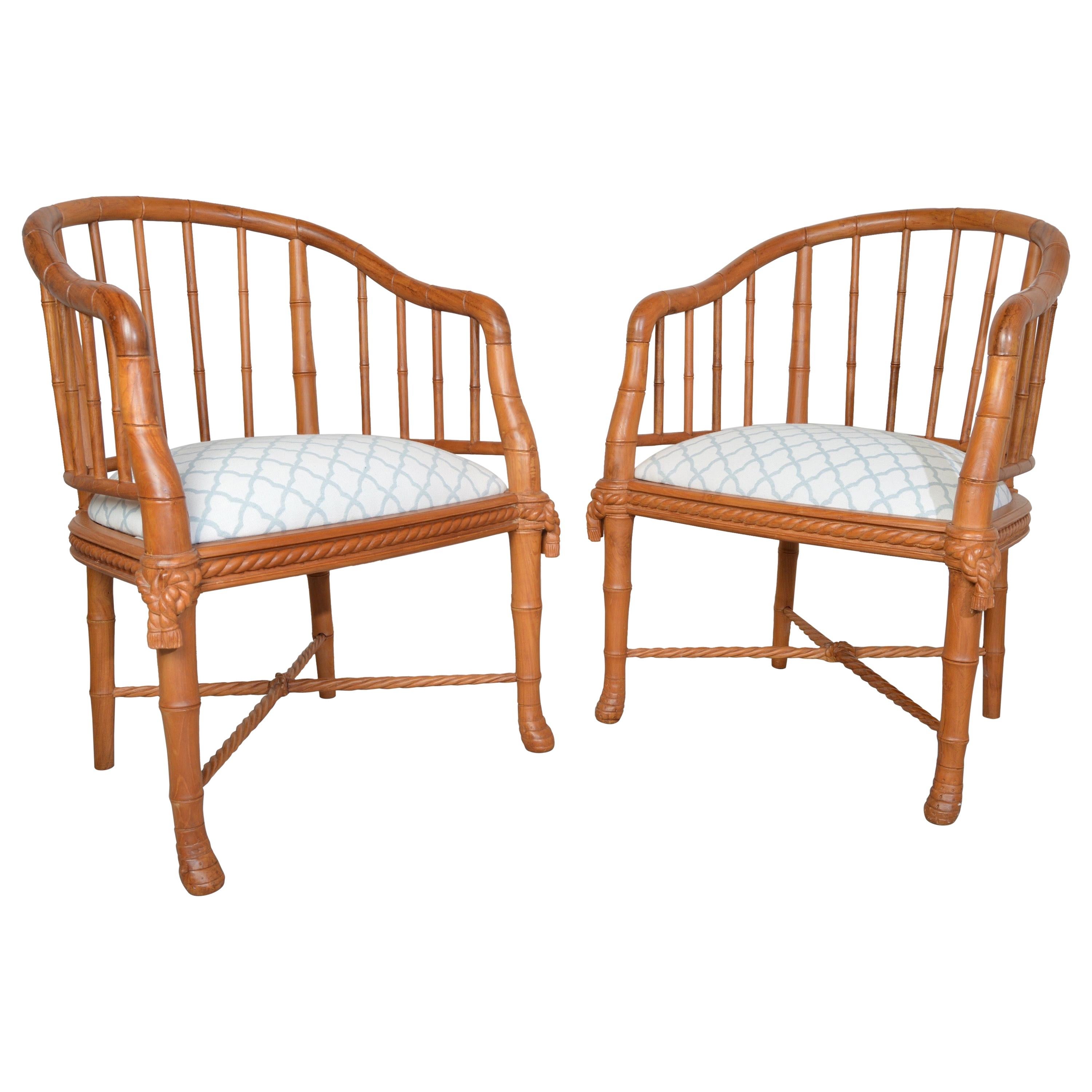 Hollywood Regency Napoleon Style Faux Bamboo Barrel Back Chairs in Teak