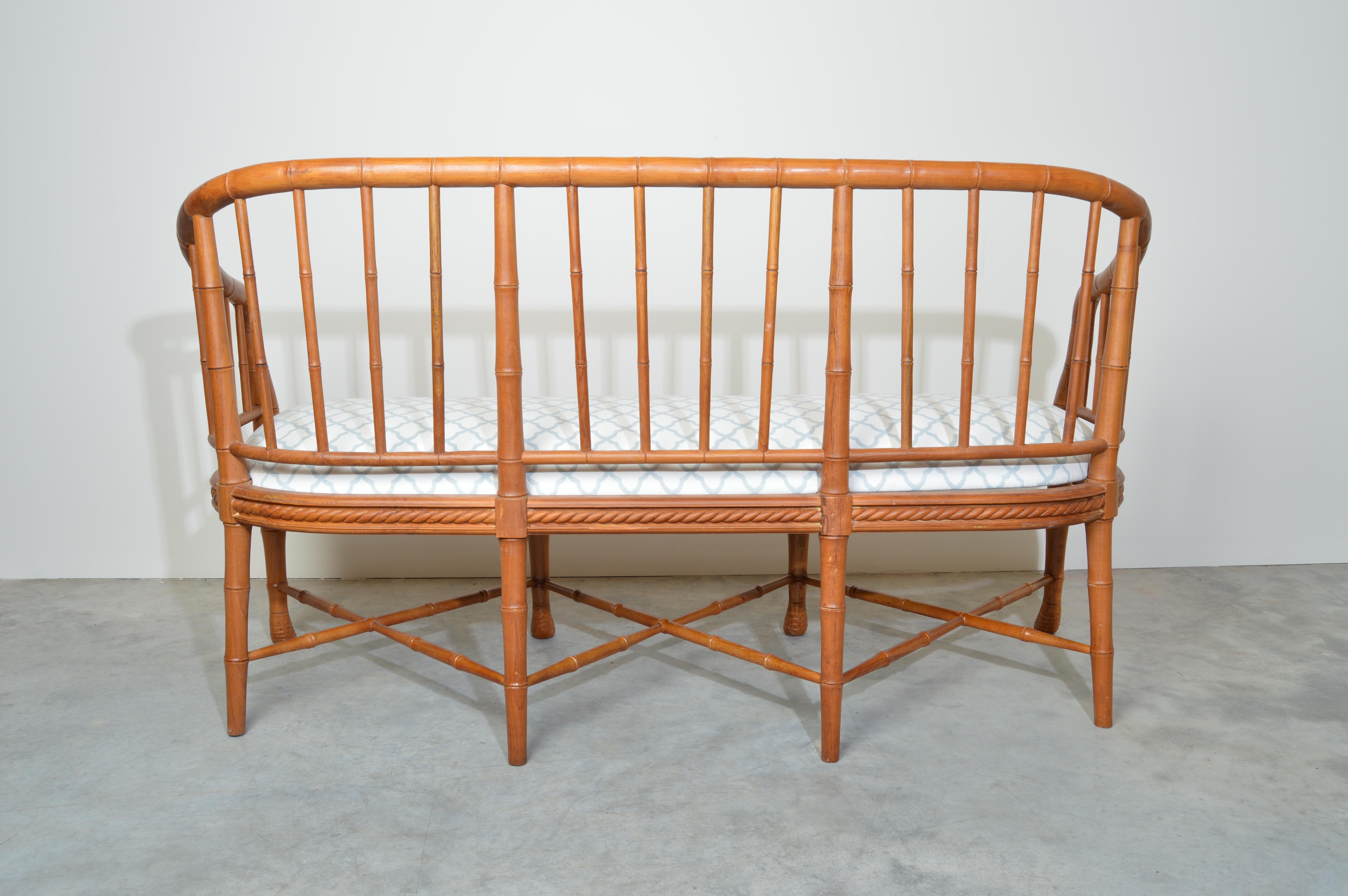 Hollywood Regency Napoleon Style Faux Bamboo Windsor Barrel Back Sofa in Teak In Good Condition In Southampton, NJ