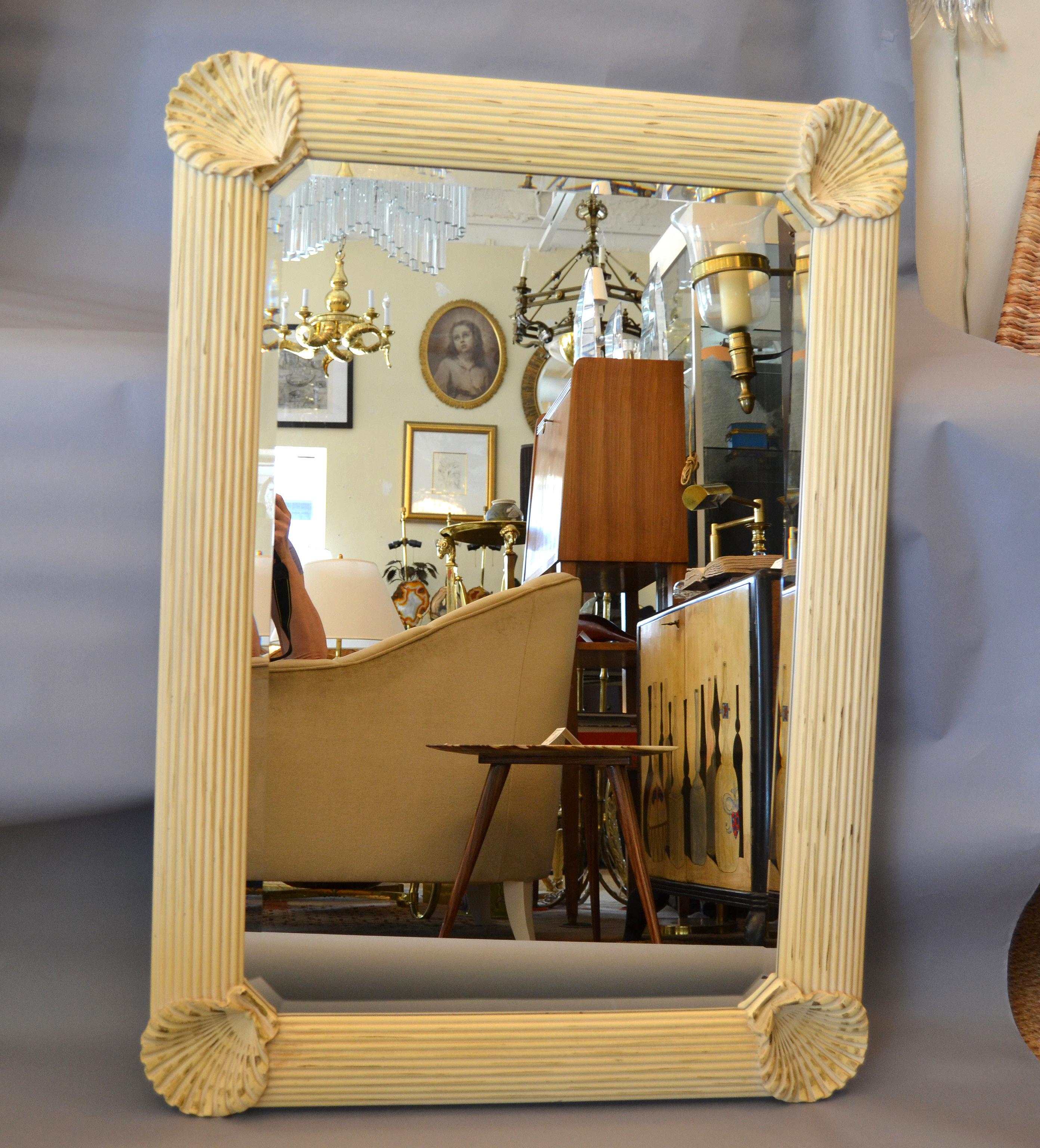 Hollywood Regency Nautical Wooden Rectangular Tan Seashell Beveled Wall Mirror  For Sale 6