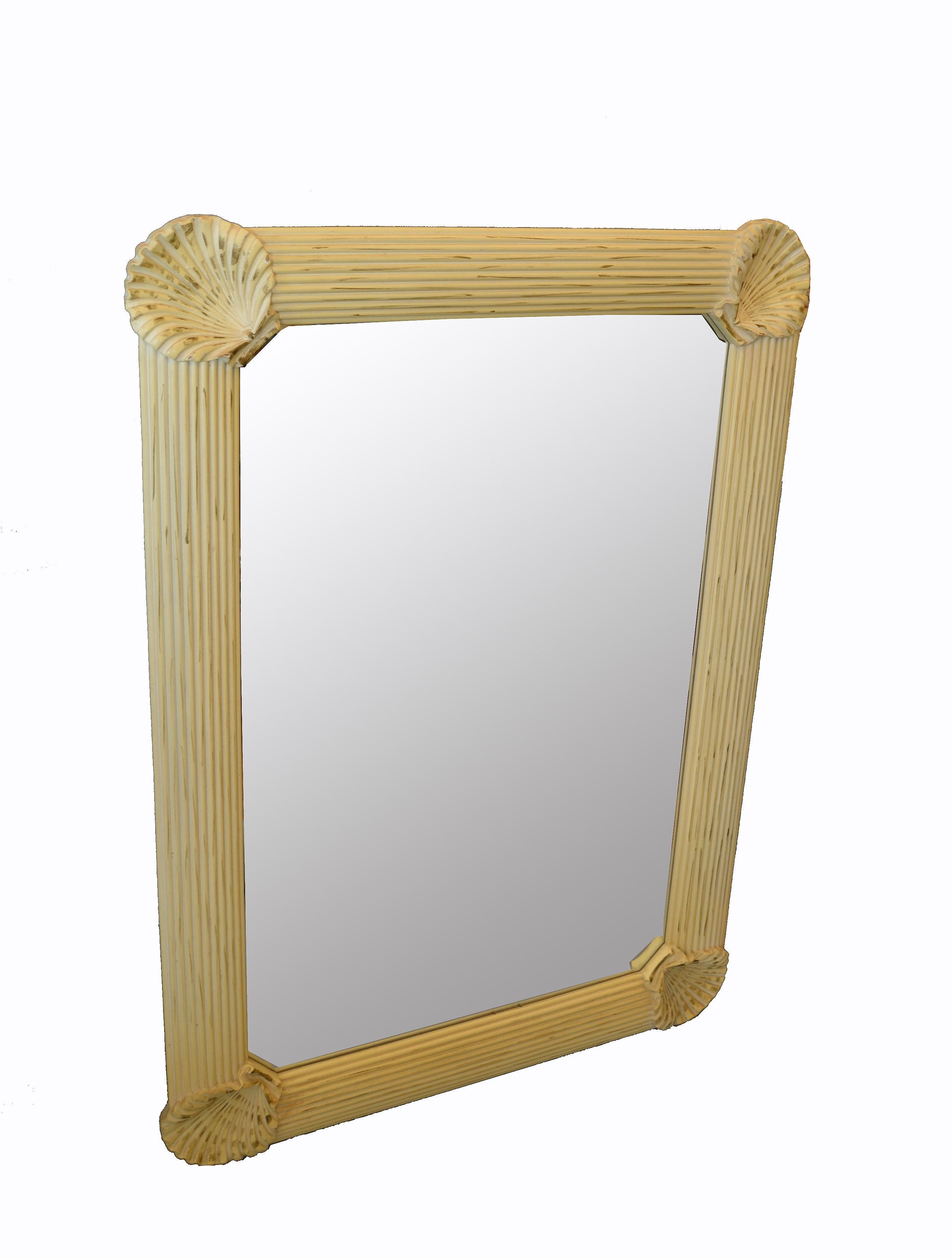 American Hollywood Regency Nautical Wooden Rectangular Tan Seashell Beveled Wall Mirror  For Sale