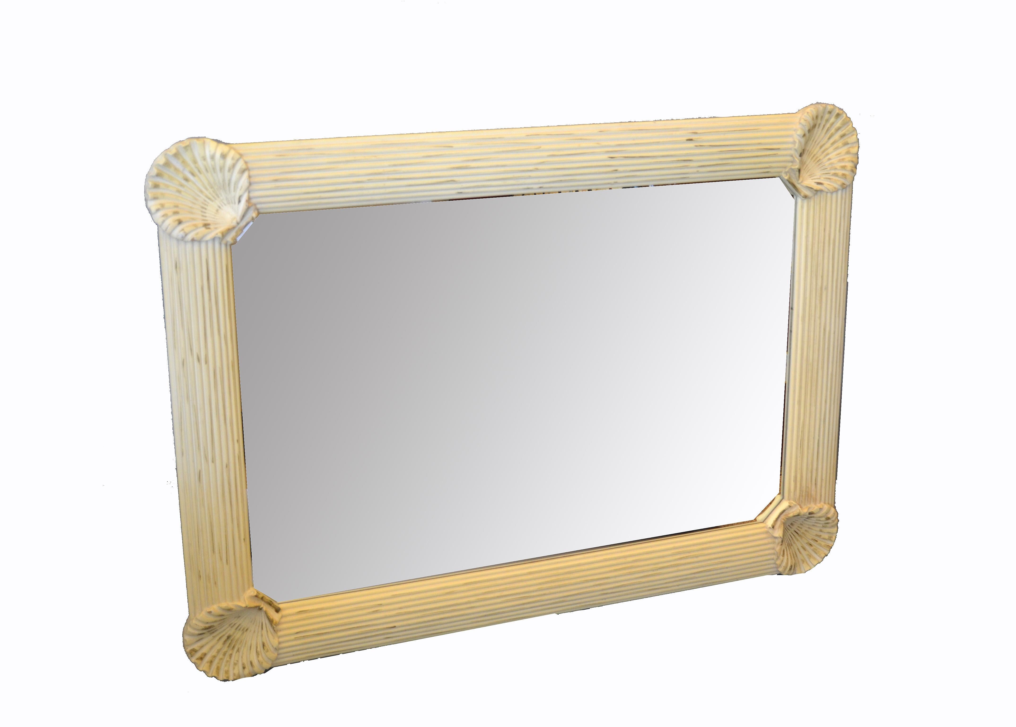 Hollywood Regency Nautical Wooden Rectangular Tan Seashell Beveled Wall Mirror  In Good Condition For Sale In Miami, FL