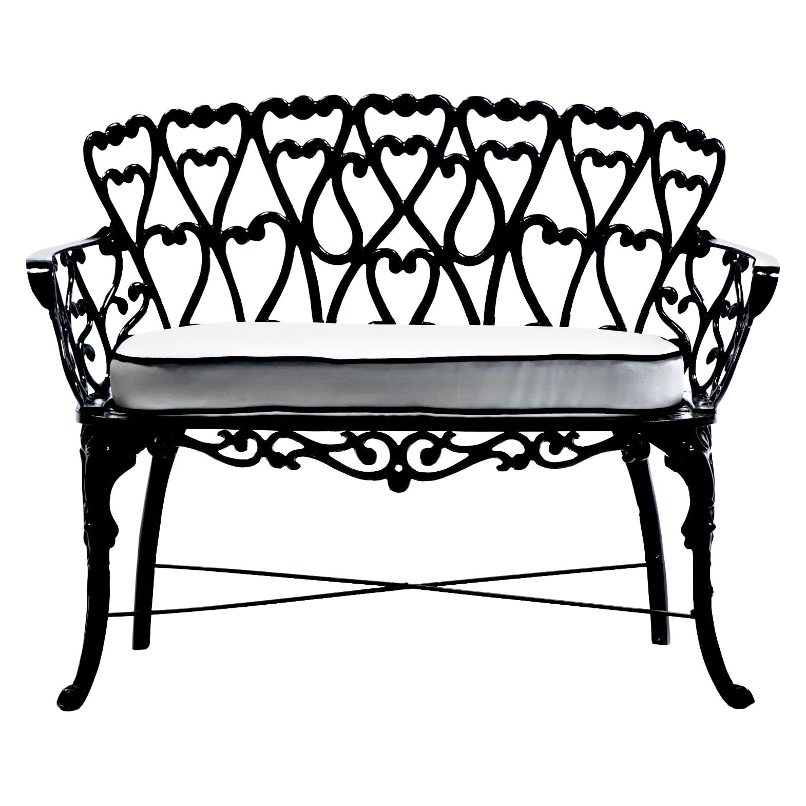 Hollywood Regency Neo Baroque Patio Love Seat Bench in Black Lacquer c. 1960 For Sale