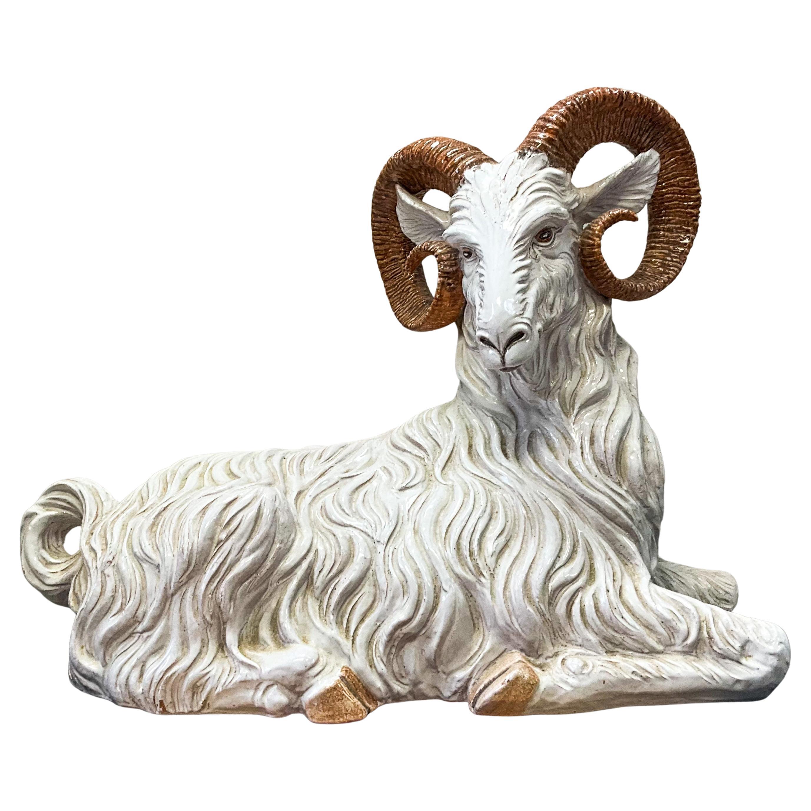 Hollywood Regency Neo-Classical Style Italian Terracotta Ram Figurine Sculpture For Sale
