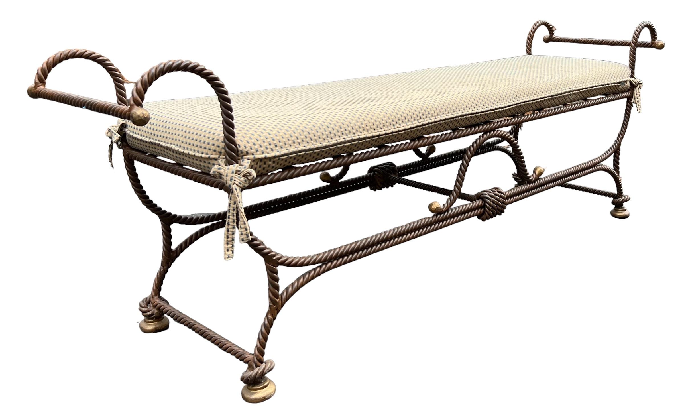 Hollywood Regency Neo-Classical Style Wrought Iron Bench W/ Rope / Tassel Motif For Sale 4