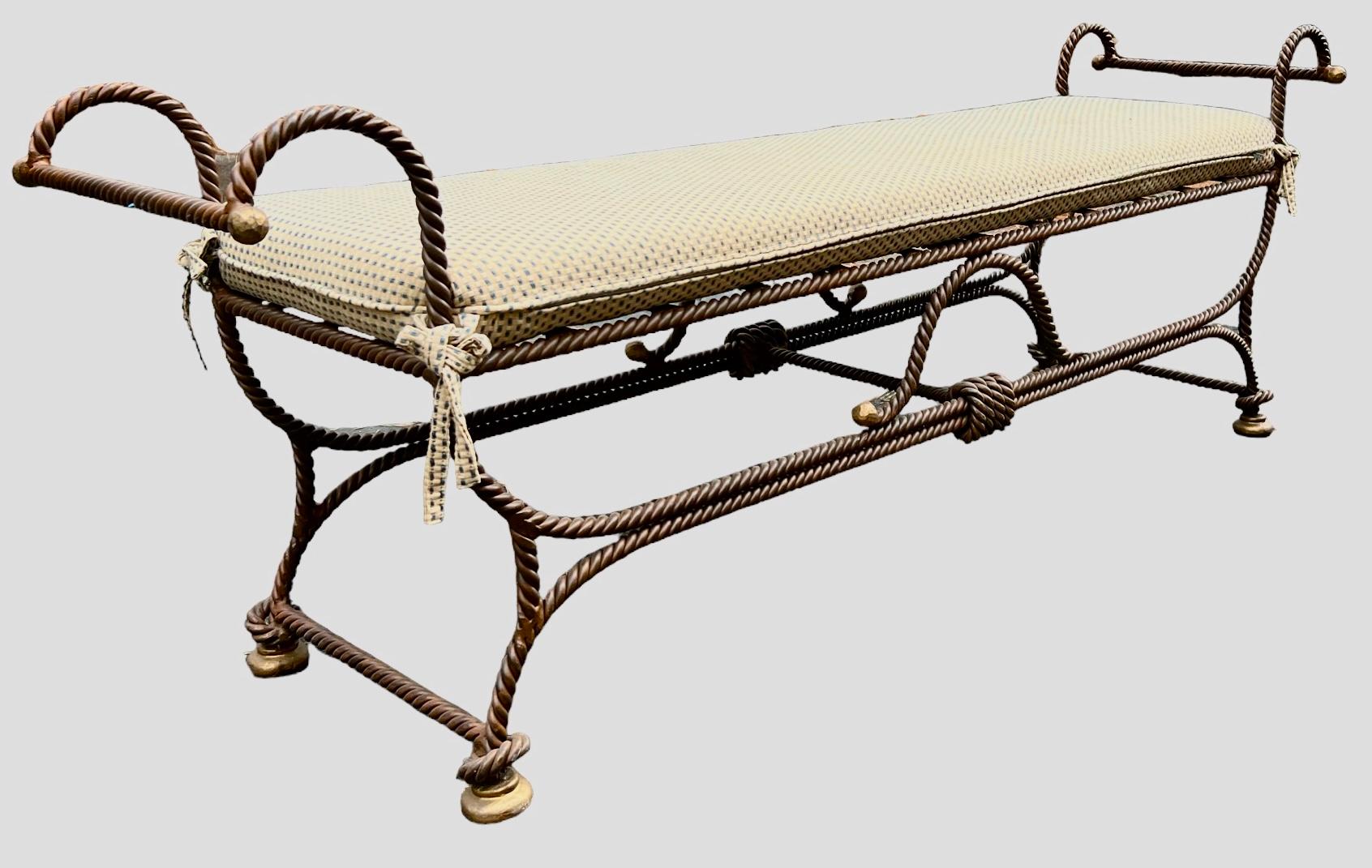 20th Century Hollywood Regency Neo-Classical Style Wrought Iron Bench W/ Rope / Tassel Motif For Sale