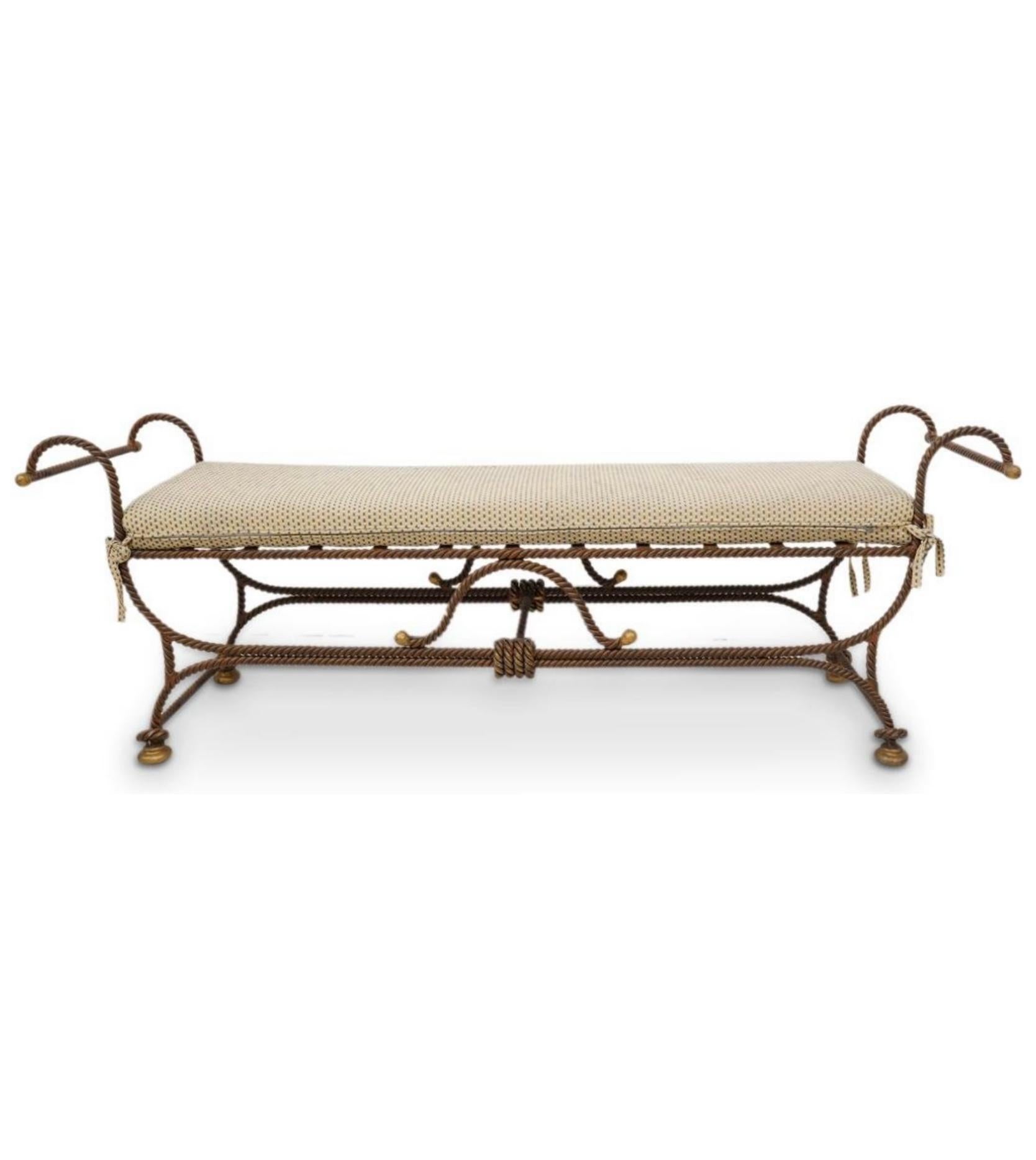Hollywood Regency Neo-Classical Style Wrought Iron Bench W/ Rope / Tassel Motif For Sale 2