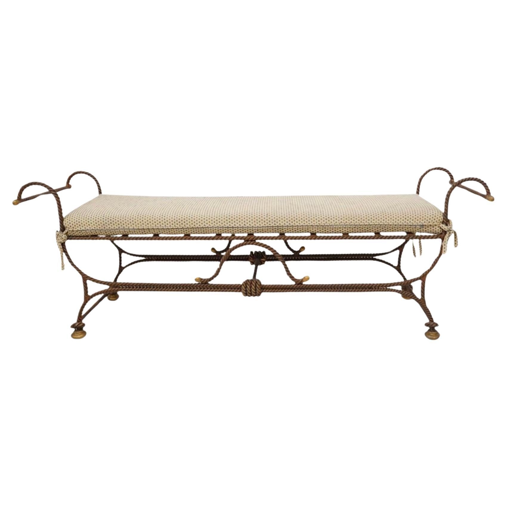 Italian Hollywood Regency Neo-Classical Style Wrought Iron Bench W/ Rope / Tassel Motif For Sale