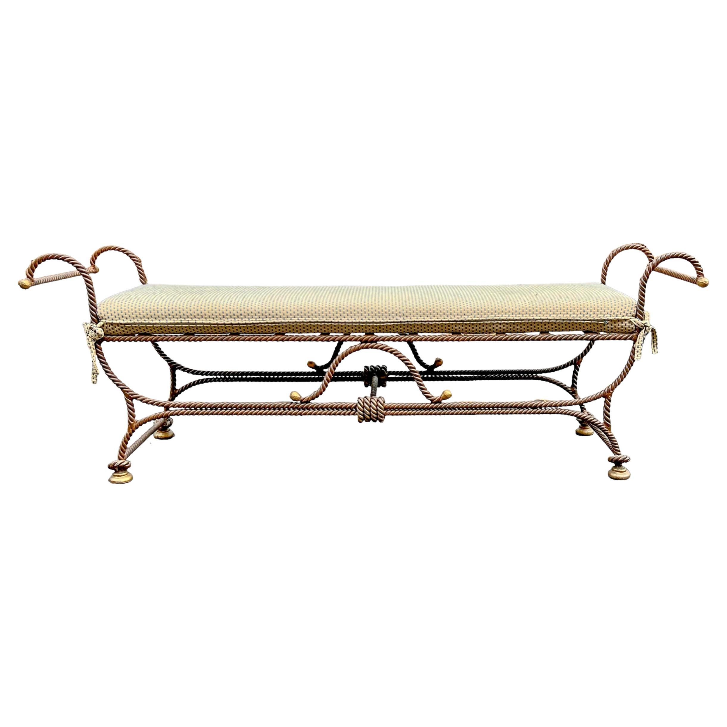 Hollywood Regency Neo-Classical Style Wrought Iron Bench W/ Rope / Tassel Motif For Sale