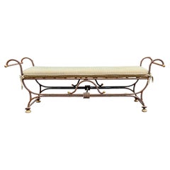 Vintage Hollywood Regency Neo-Classical Style Wrought Iron Bench W/ Rope / Tassel Motif