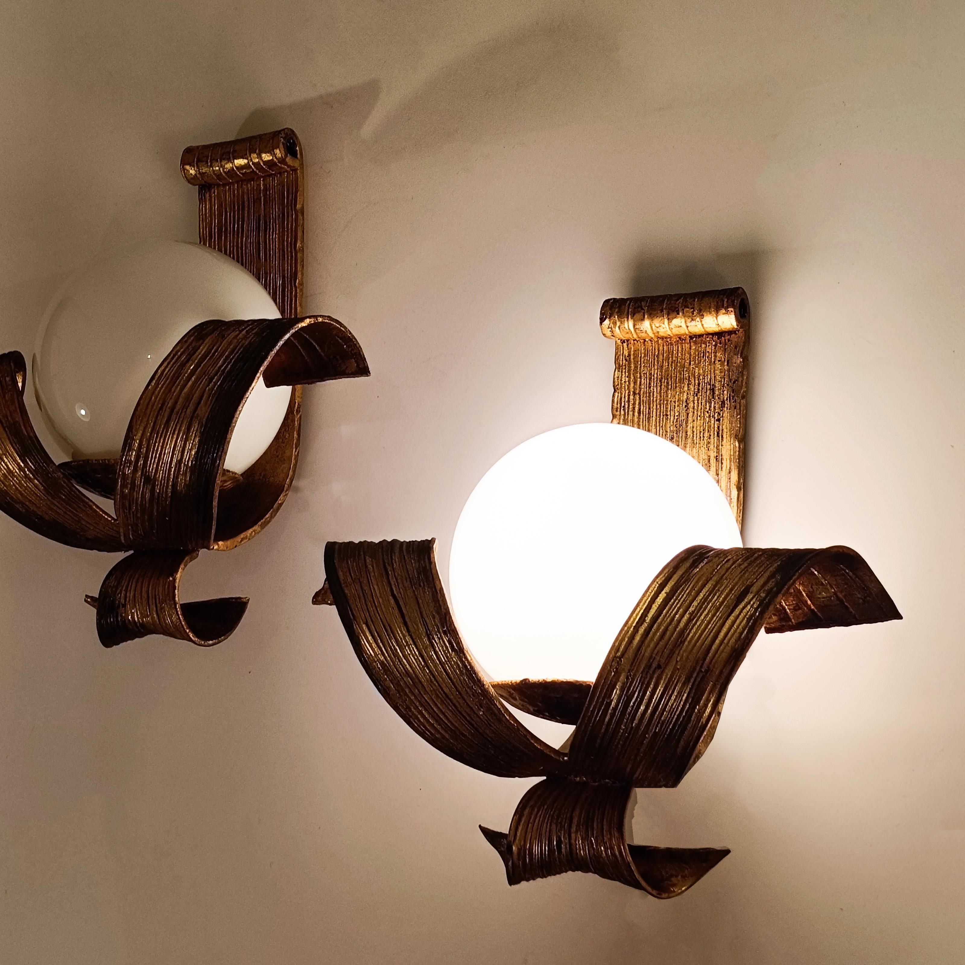 Gold Hollywood Regency. Neoclassical gilded sconces by Ferro Art, Spain, 1950s For Sale