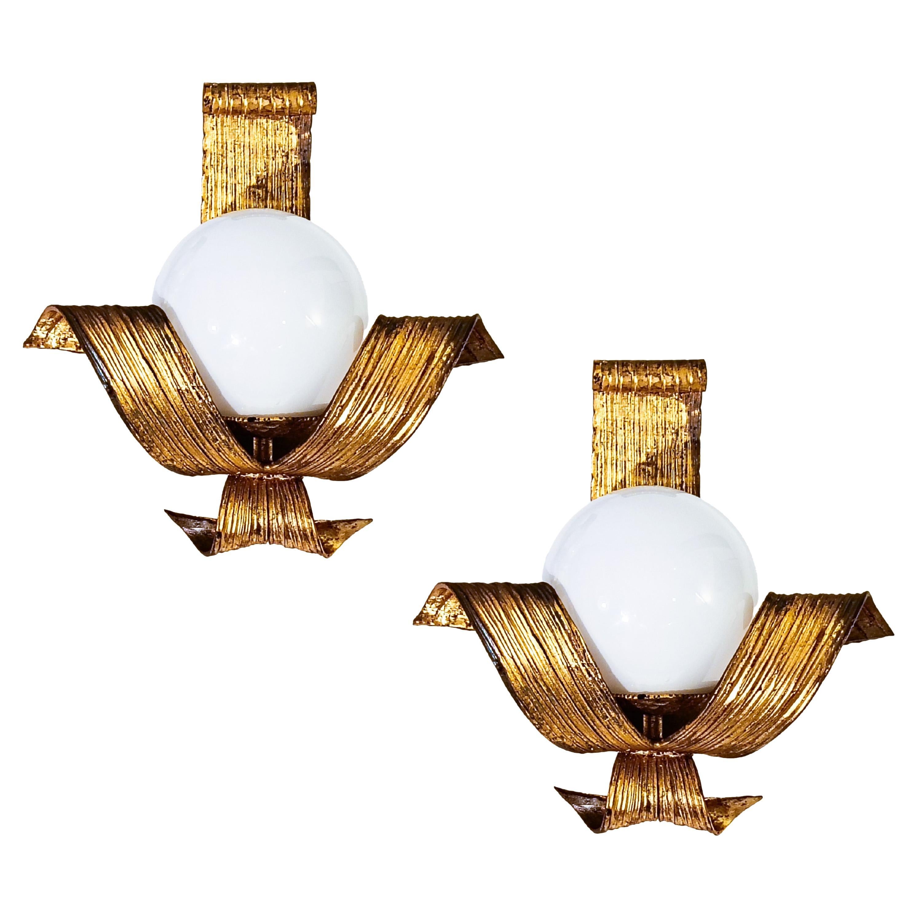 Hollywood Regency. Neoclassical gilded sconces by Ferro Art, Spain, 1950s For Sale