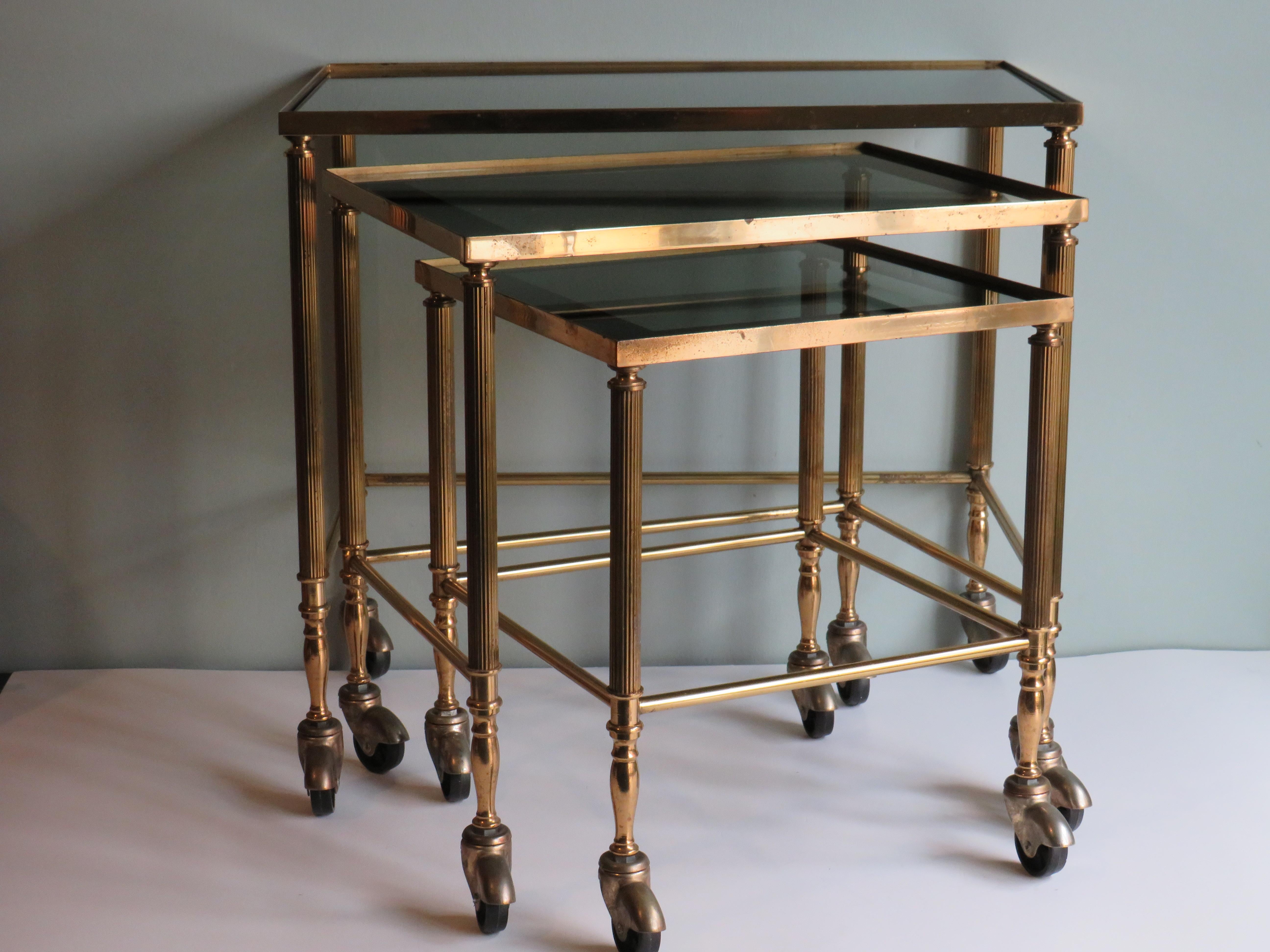 Hollywood Regency Nesting Tables, Brass Frame and Smoked Glass Top 5