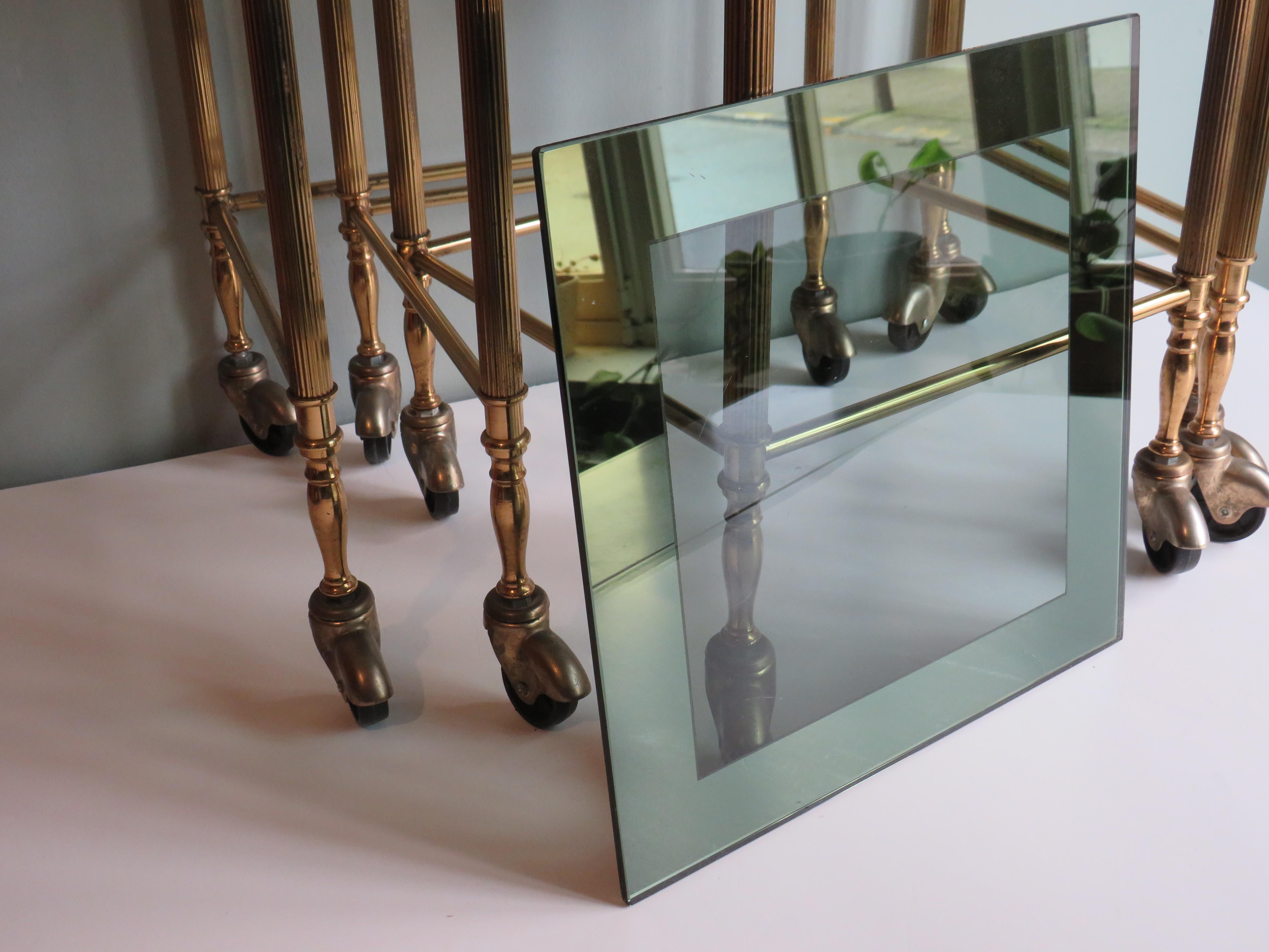 Hollywood Regency Nesting Tables, Brass Frame and Smoked Glass Top 10