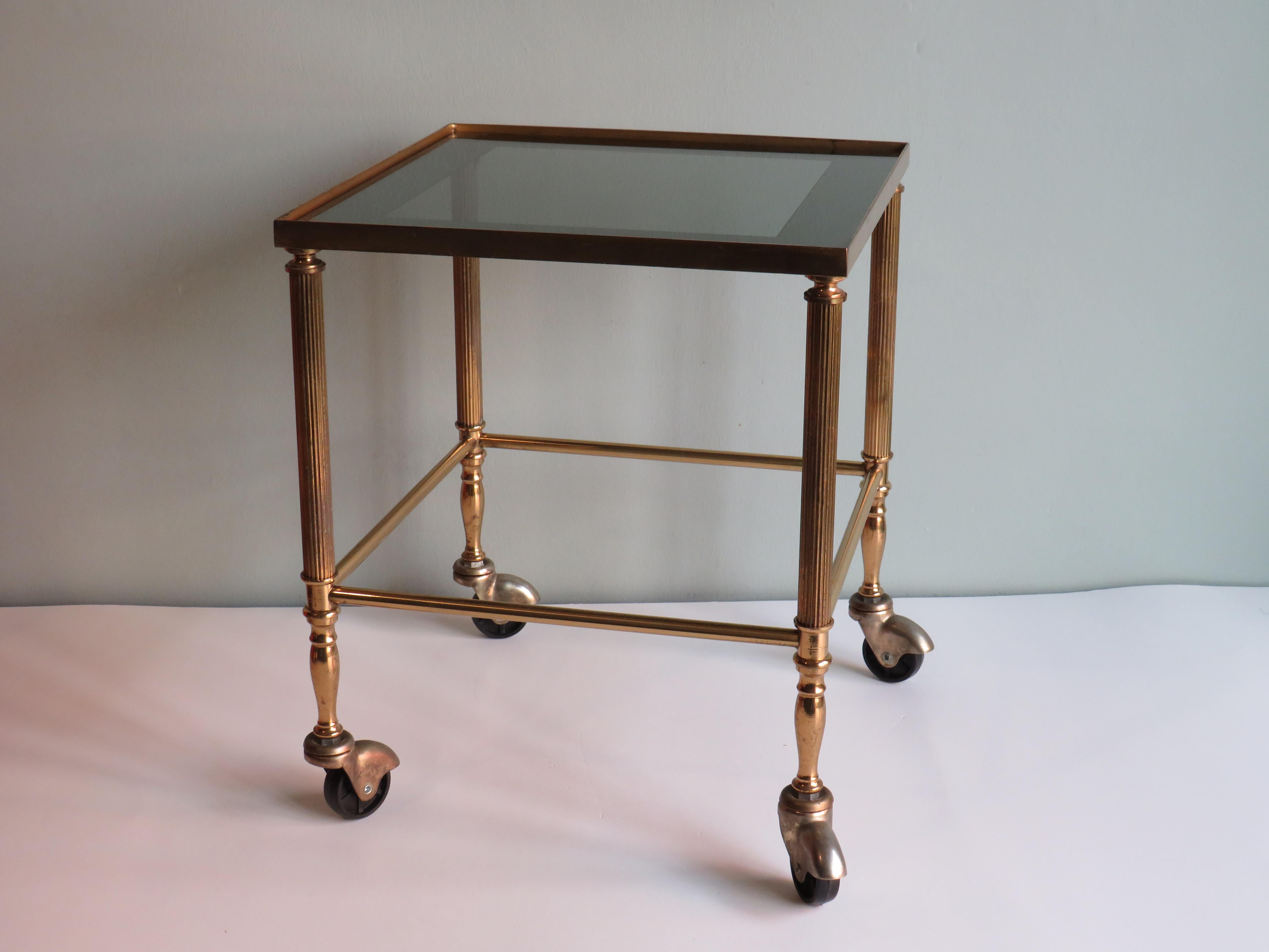 French Hollywood Regency Nesting Tables, Brass Frame and Smoked Glass Top