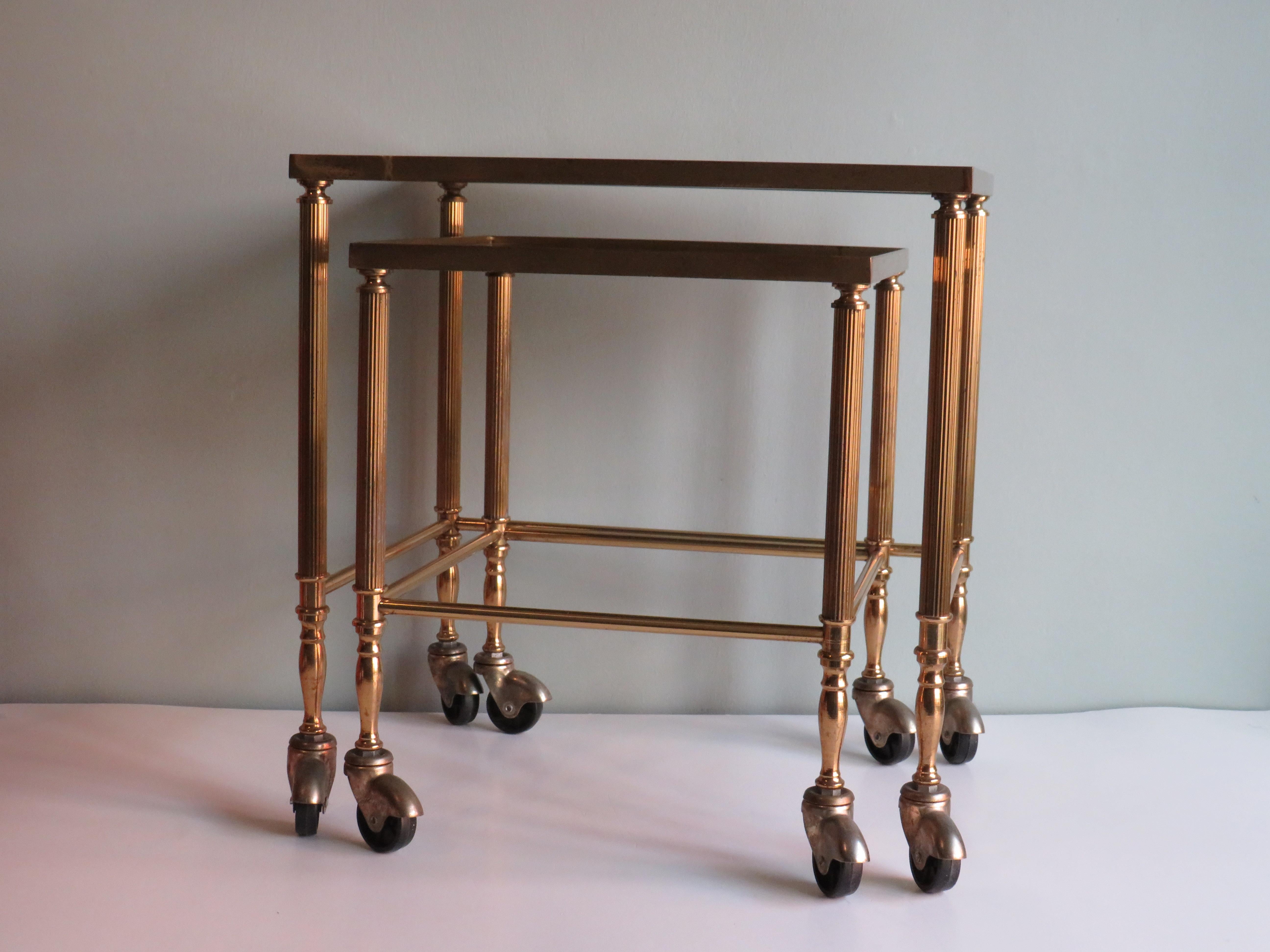 Hollywood Regency Nesting Tables, Brass Frame and Smoked Glass Top In Good Condition In Herentals, BE