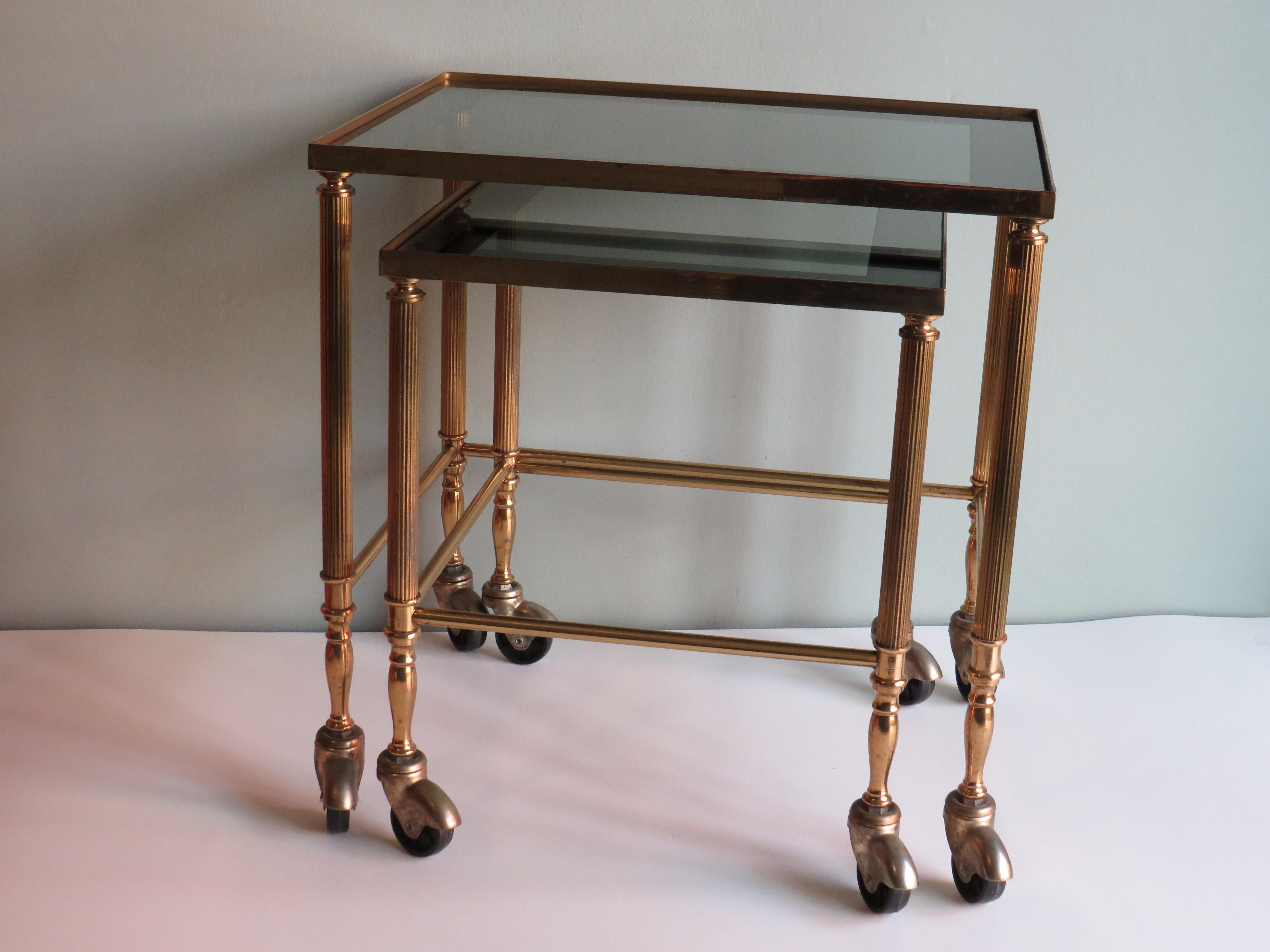 20th Century Hollywood Regency Nesting Tables, Brass Frame and Smoked Glass Top