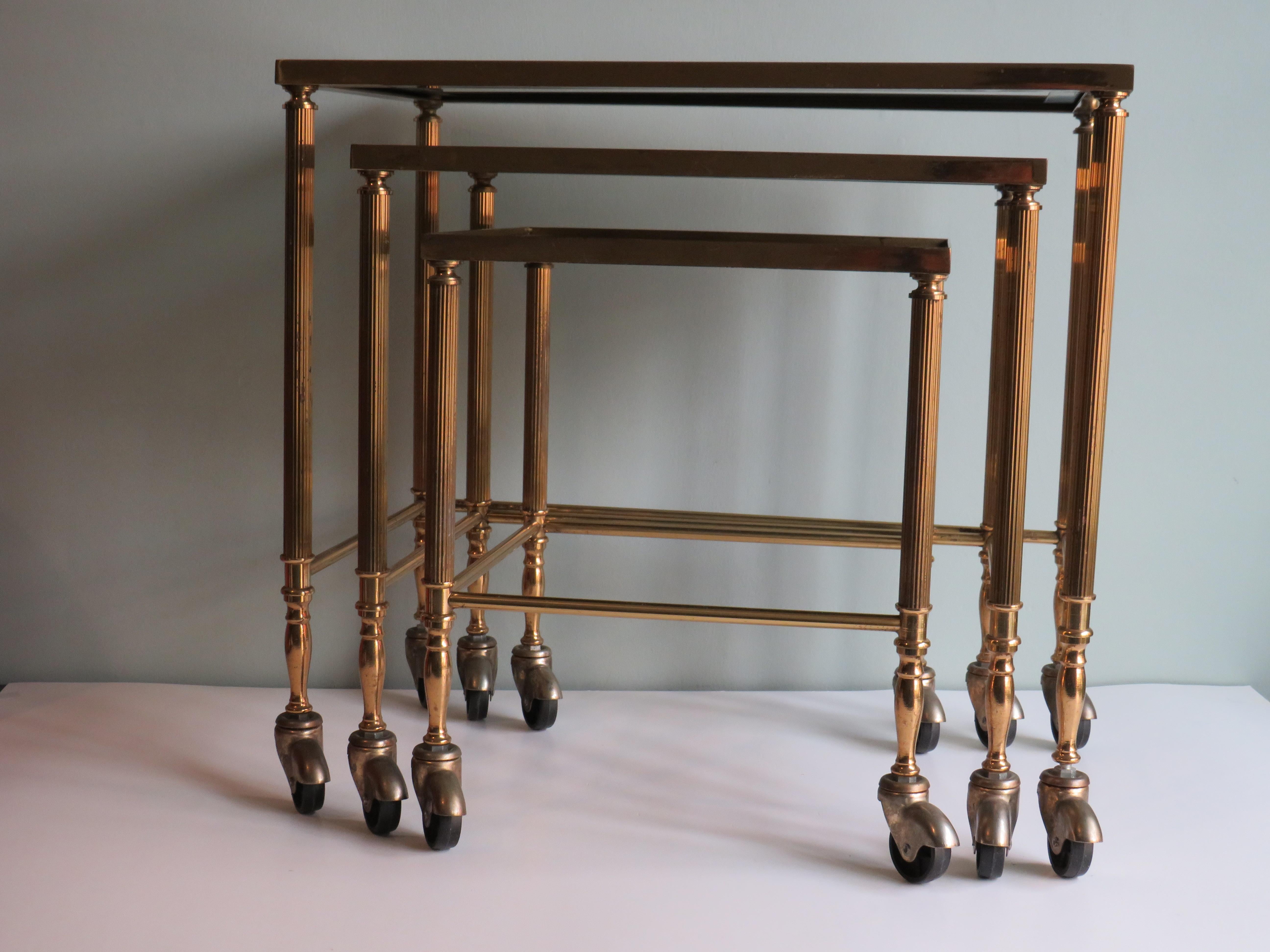 Hollywood Regency Nesting Tables, Brass Frame and Smoked Glass Top 1