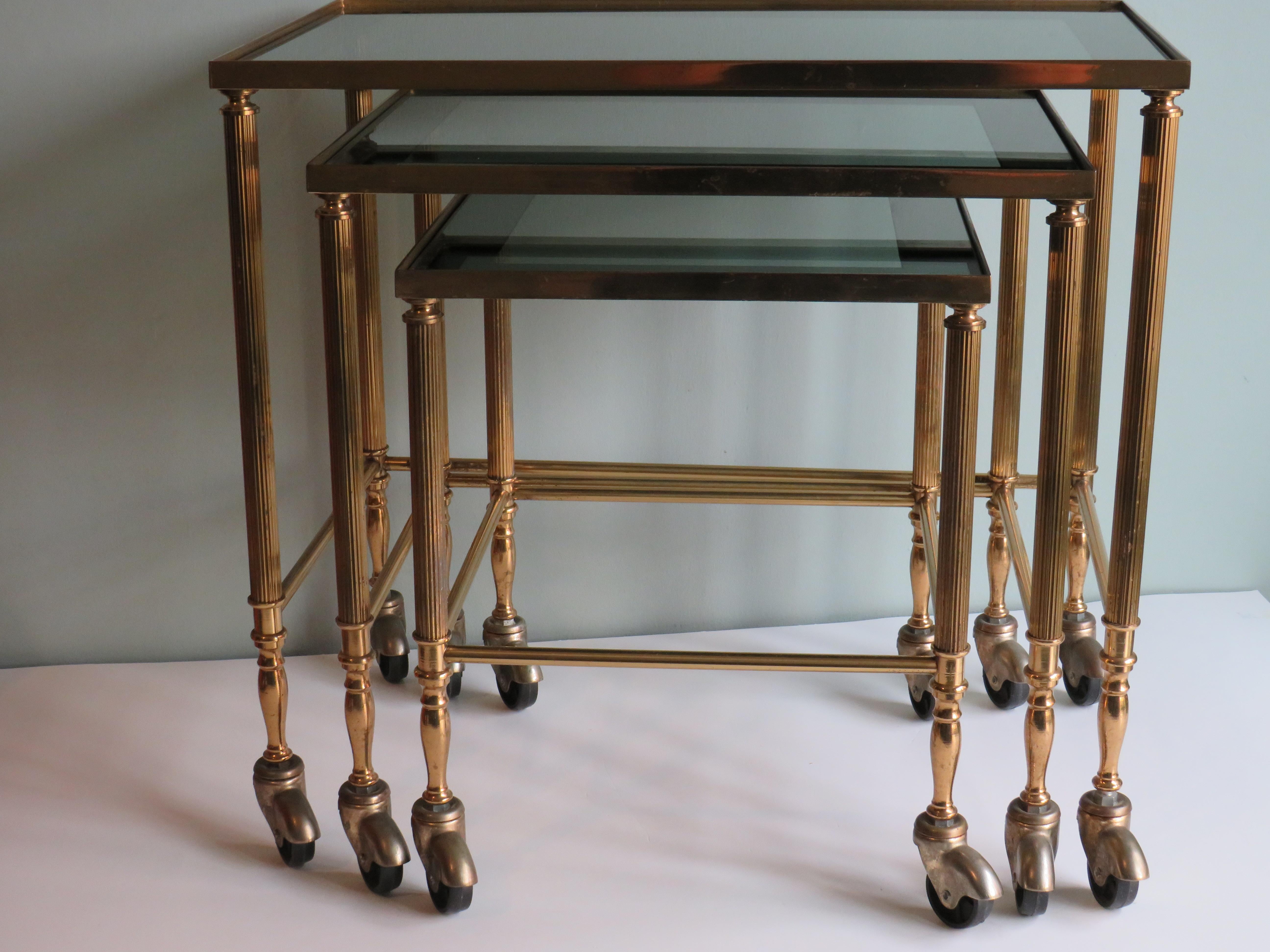 Hollywood Regency Nesting Tables, Brass Frame and Smoked Glass Top 2