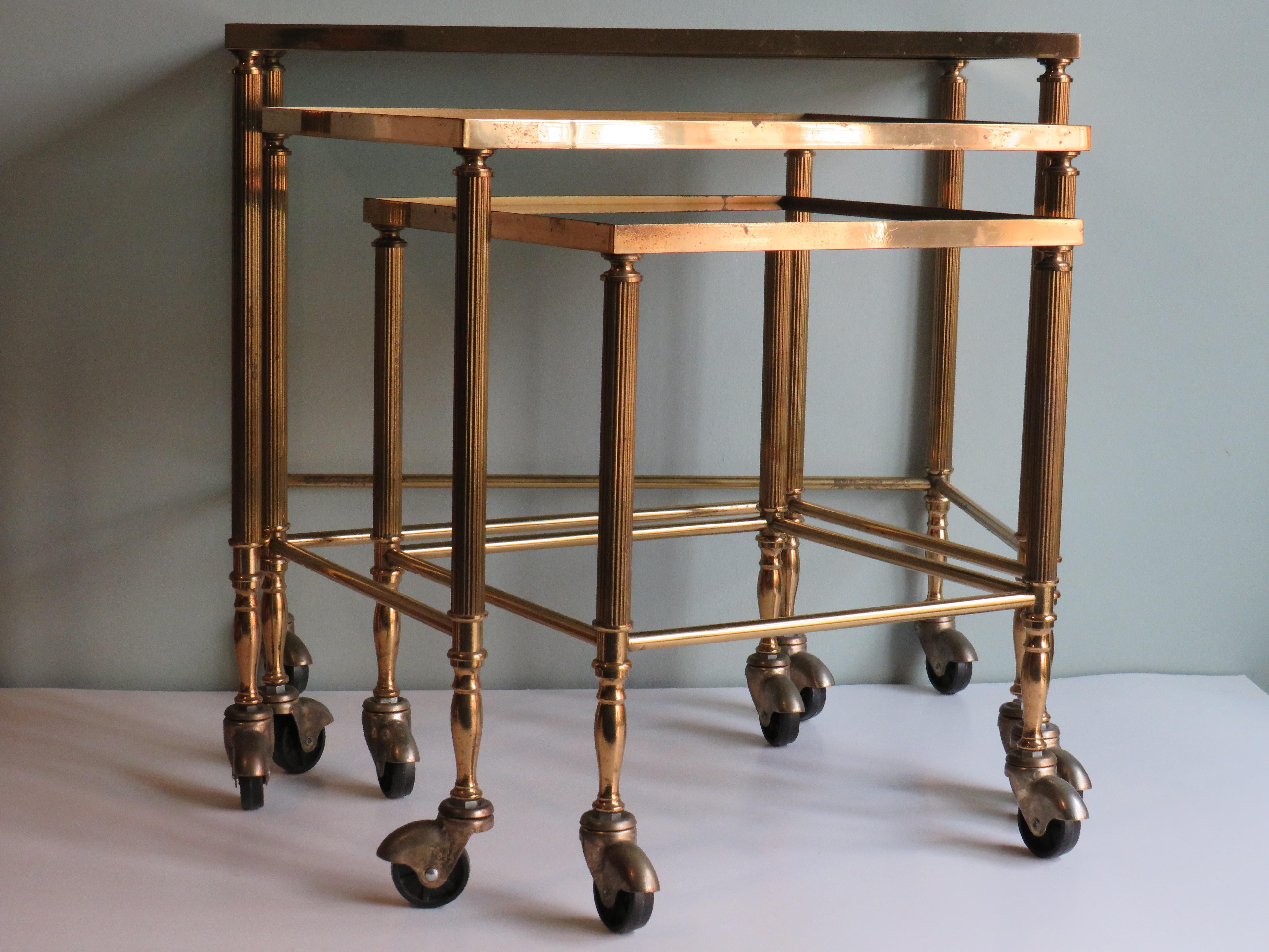 Hollywood Regency Nesting Tables, Brass Frame and Smoked Glass Top 3
