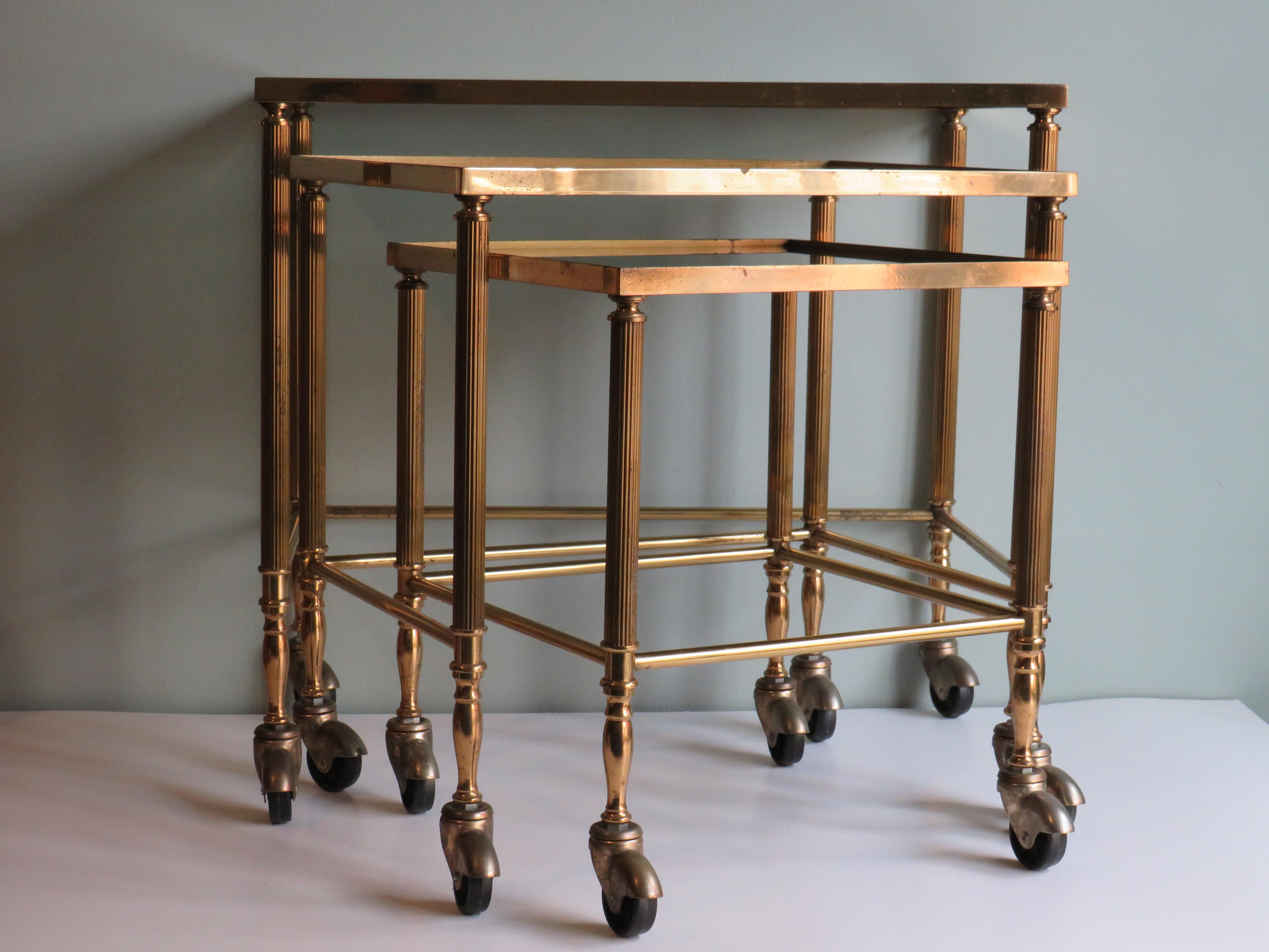 Hollywood Regency Nesting Tables, Brass Frame and Smoked Glass Top 4