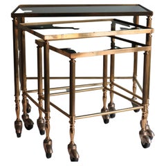 Hollywood Regency Nesting Tables, Brass Frame and Smoked Glass Top