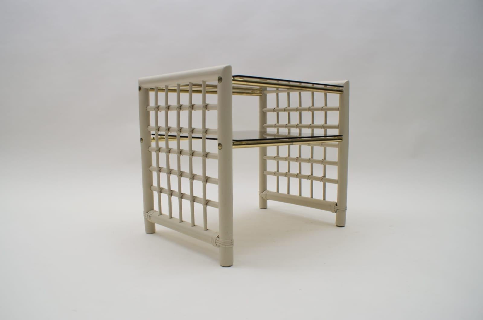 Italian Hollywood Regency Nightstand Made in Bamboo, Brass with Smoked Glass, 1970s For Sale