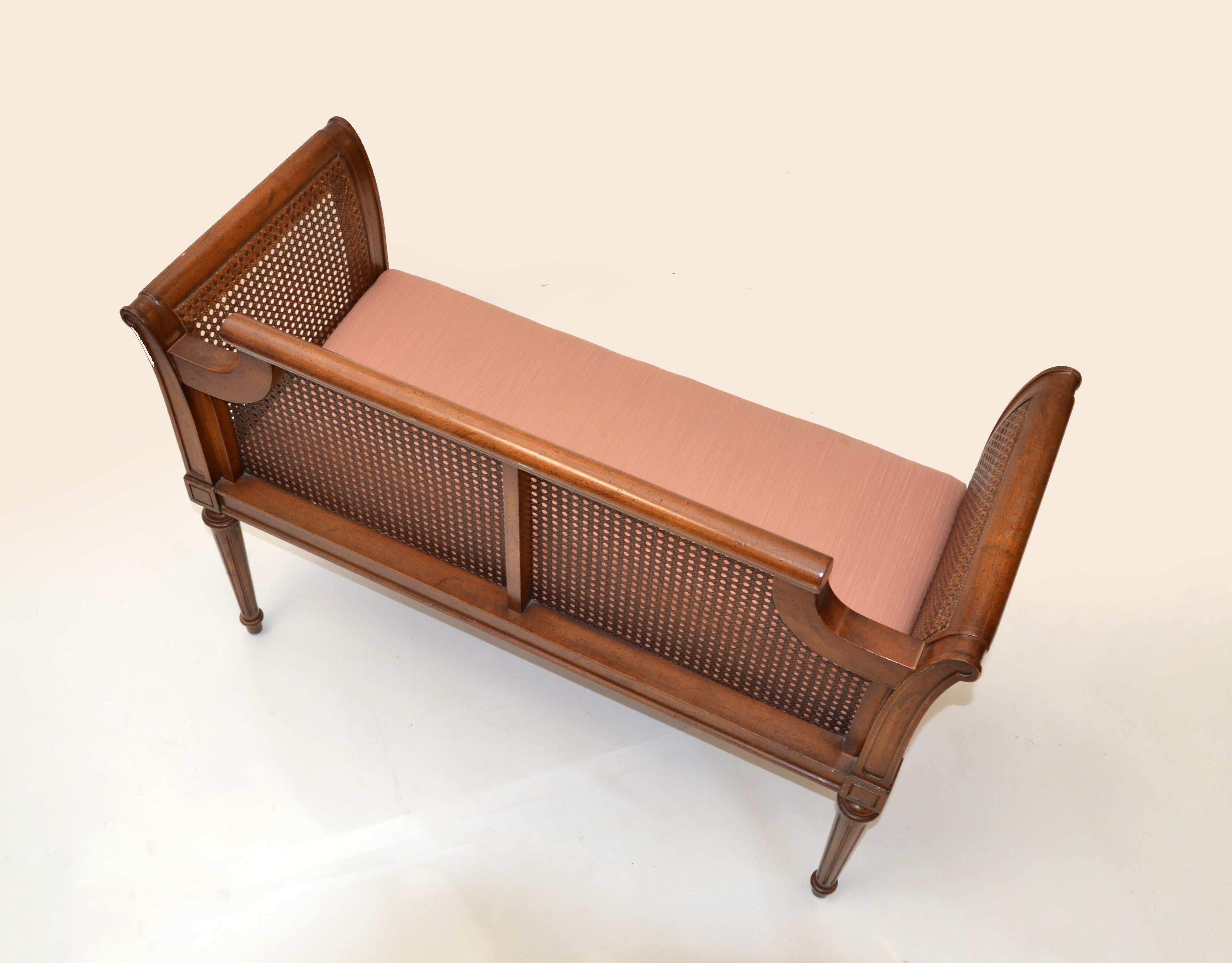 Wood Hollywood Regency Oak Classic Bench Turned Legs & Carved Decor Handwoven Cane    For Sale